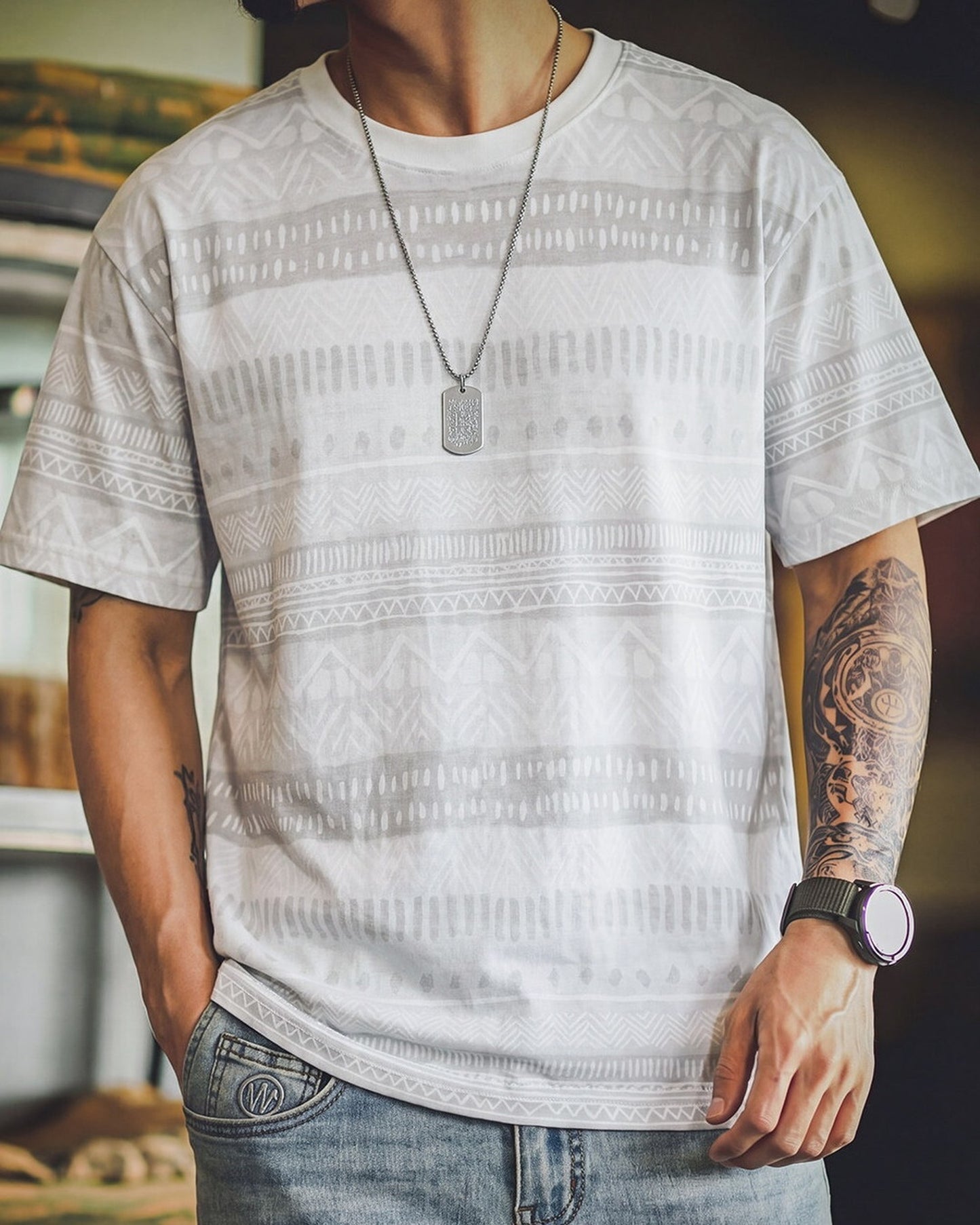 Native-Pattern Vintage Geometric Relaxed T-Shirt 2color 【ACT0103】