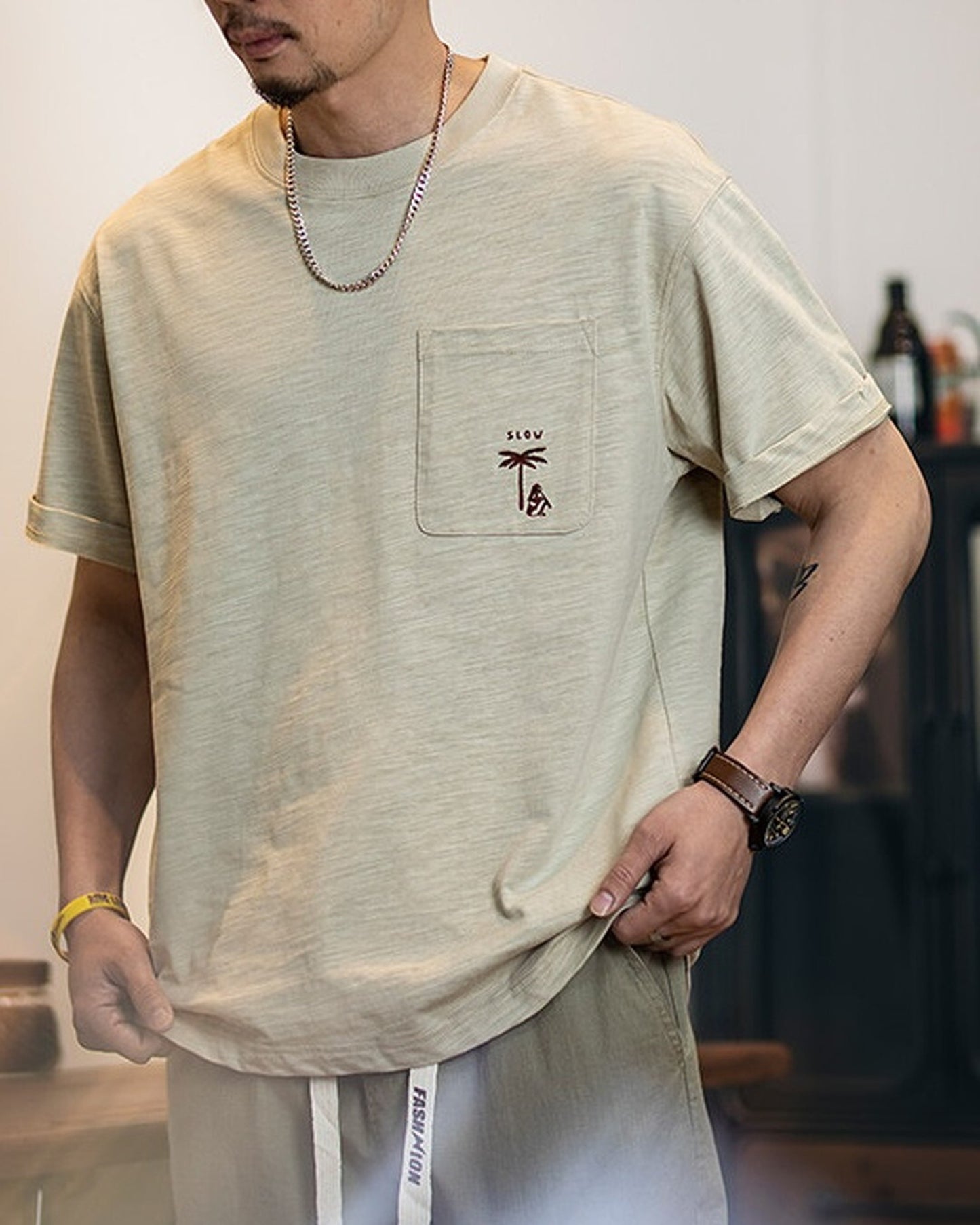 Palm-Tree-Embroidery Chest-Pocket Relaxed T-Shirt 2color 【ACT0087】