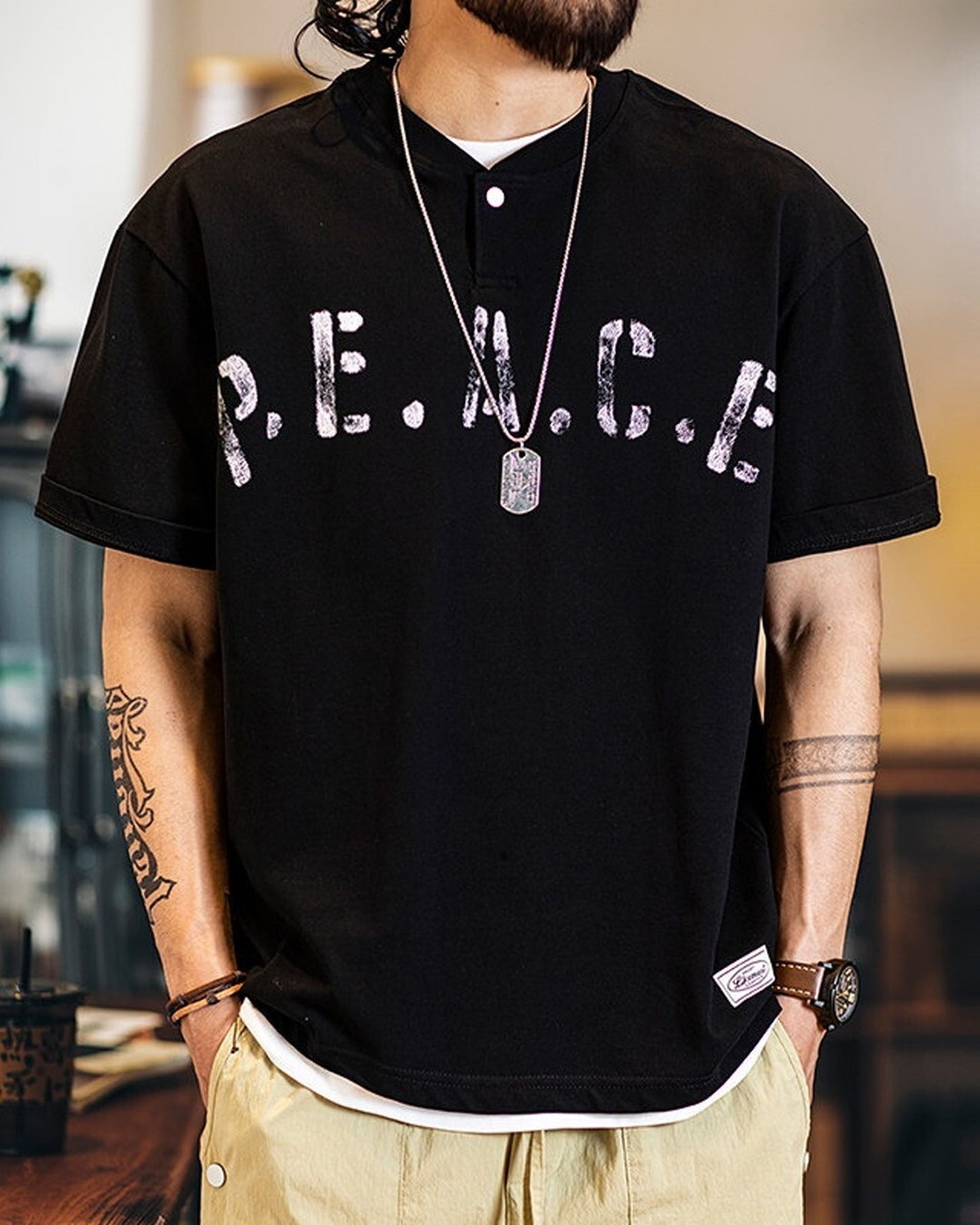 Letter-Print Loose Casual Henley-Neck T-Shirt 2color 【ACT0080】