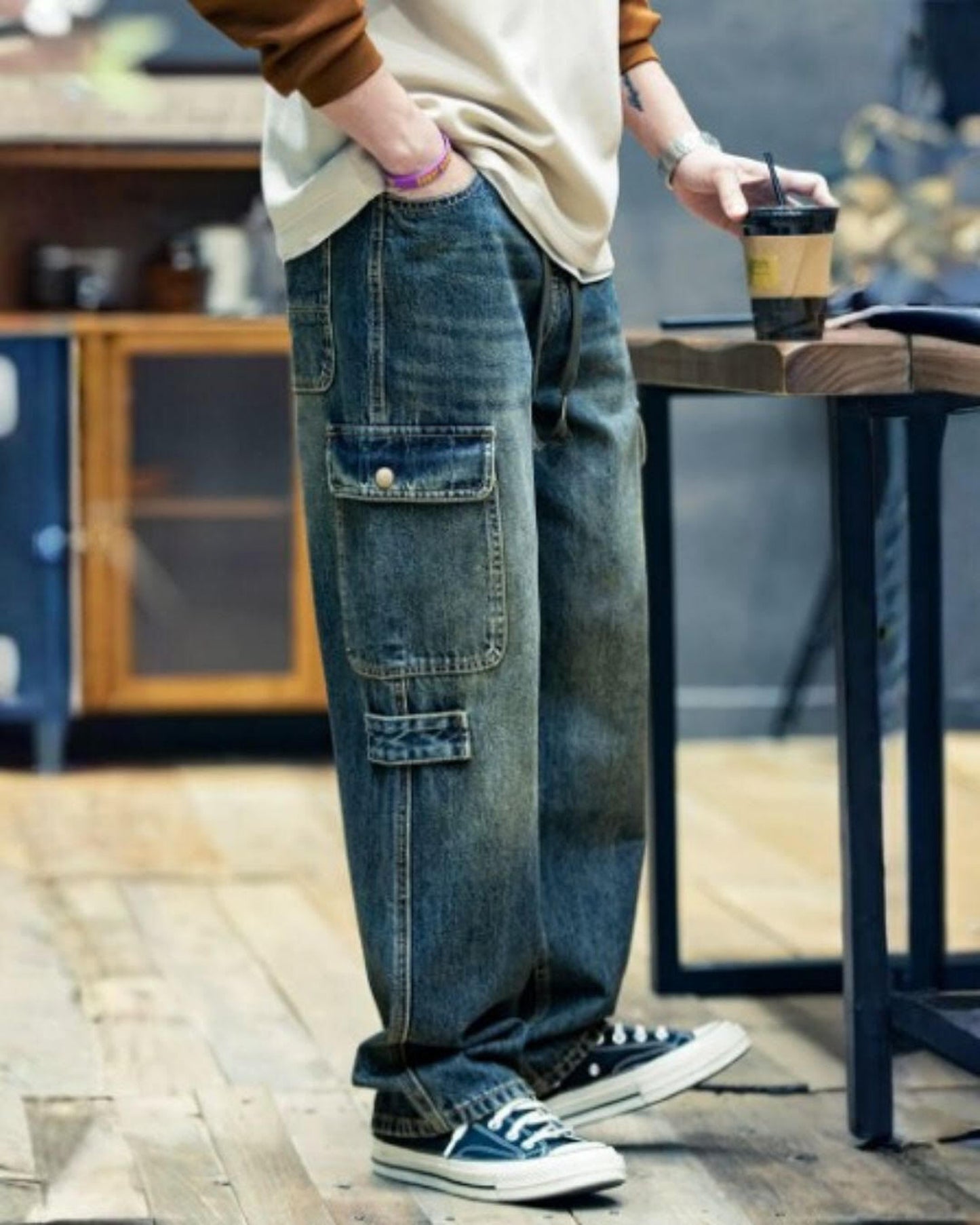 drawcord patch pocket wide denim pants 【ACT0024】