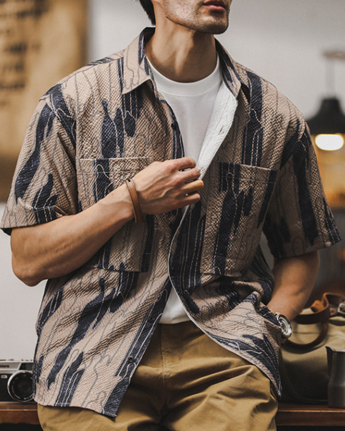 vintage pattern loose short sleeve work shirt 2color 【ACT0227】