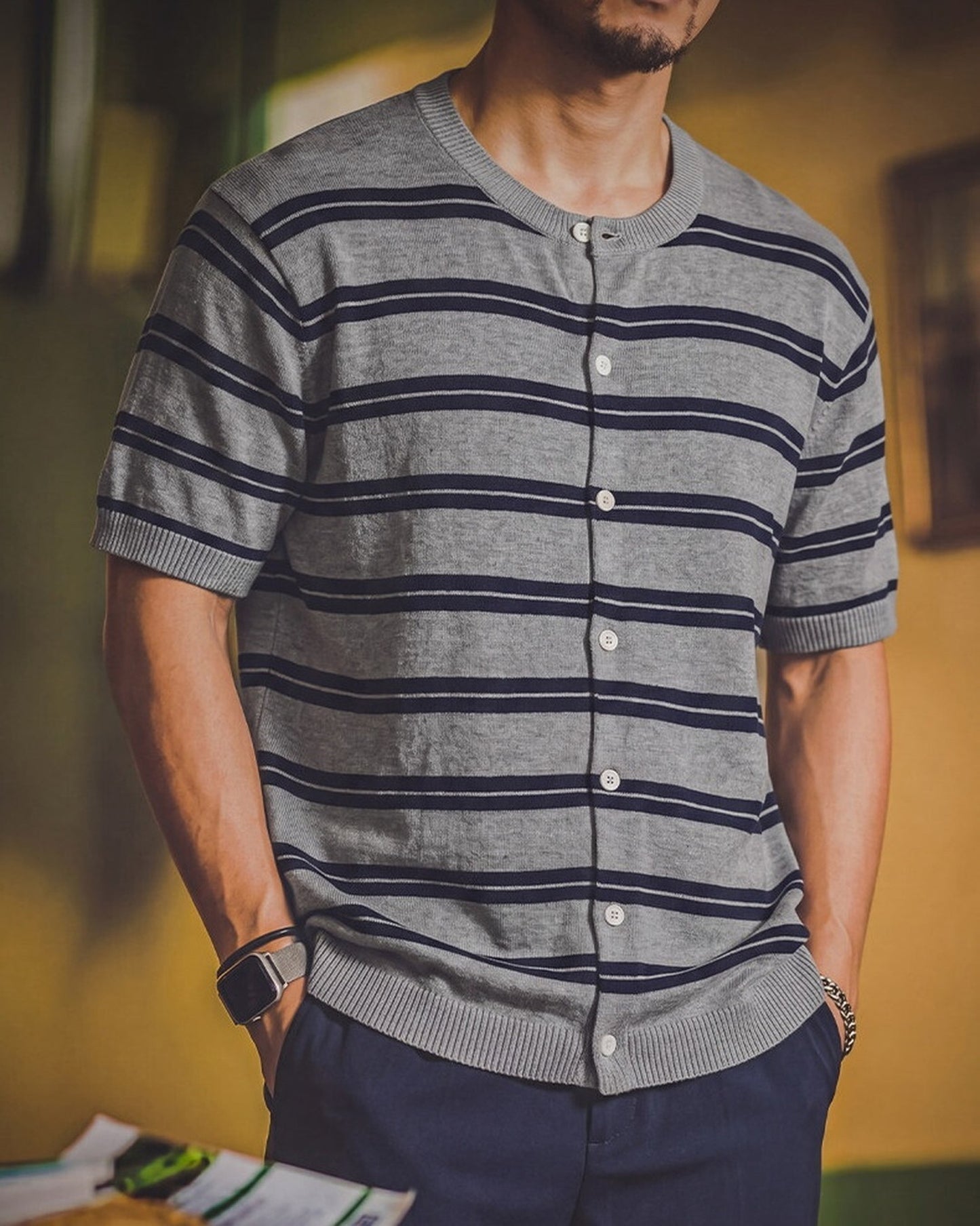 Striped Relaxed Fit Knit Short Sleeve Polo Shirt 2color 【ACT0117】