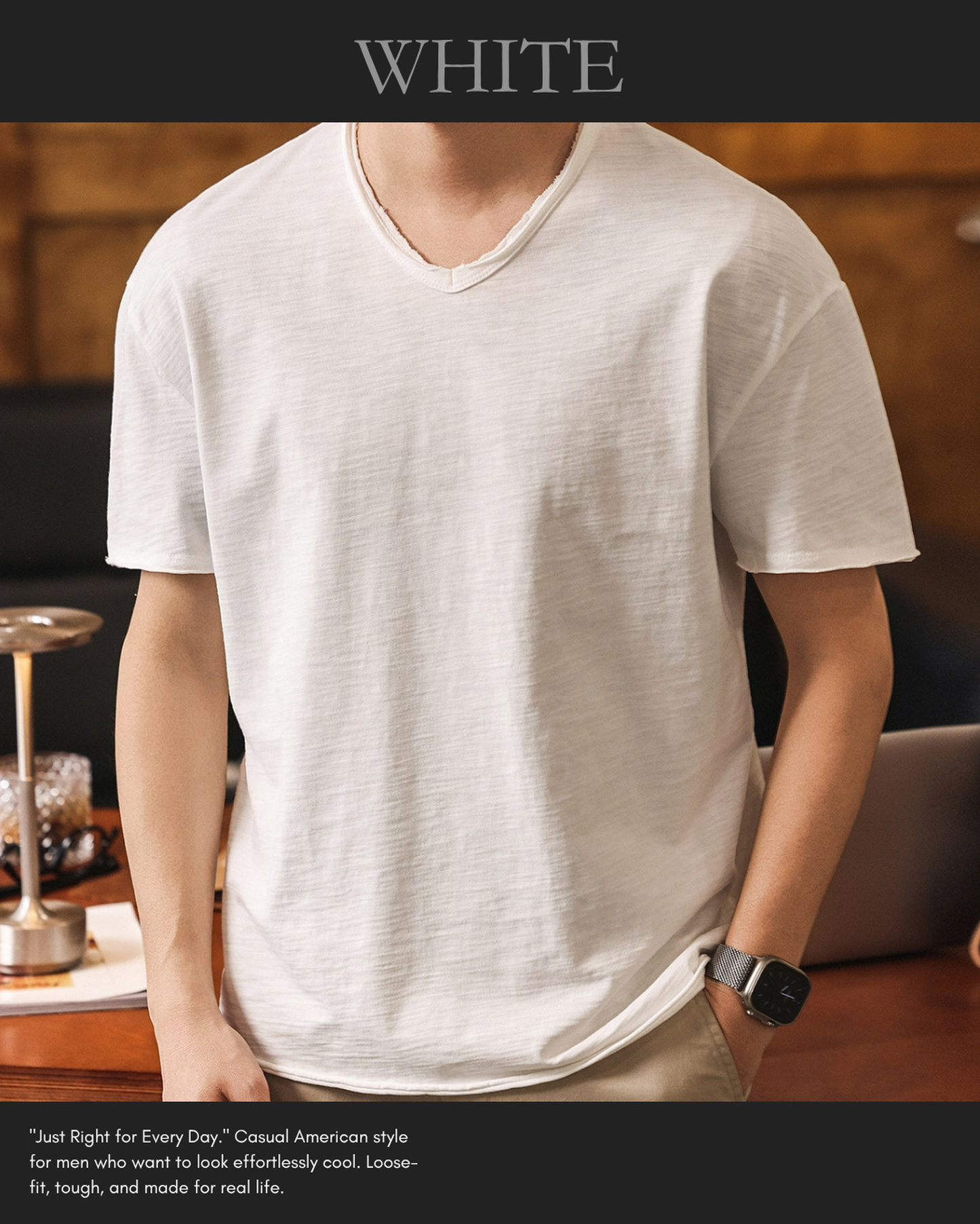 american retro slub cotton v-neck short sleeve t-shirt 7color 【ACT0160】