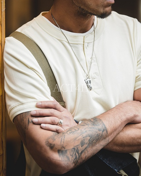 Henley-Neck Cotton Classic Short-Sleeve T-Shirt 4color 【ACT0136】