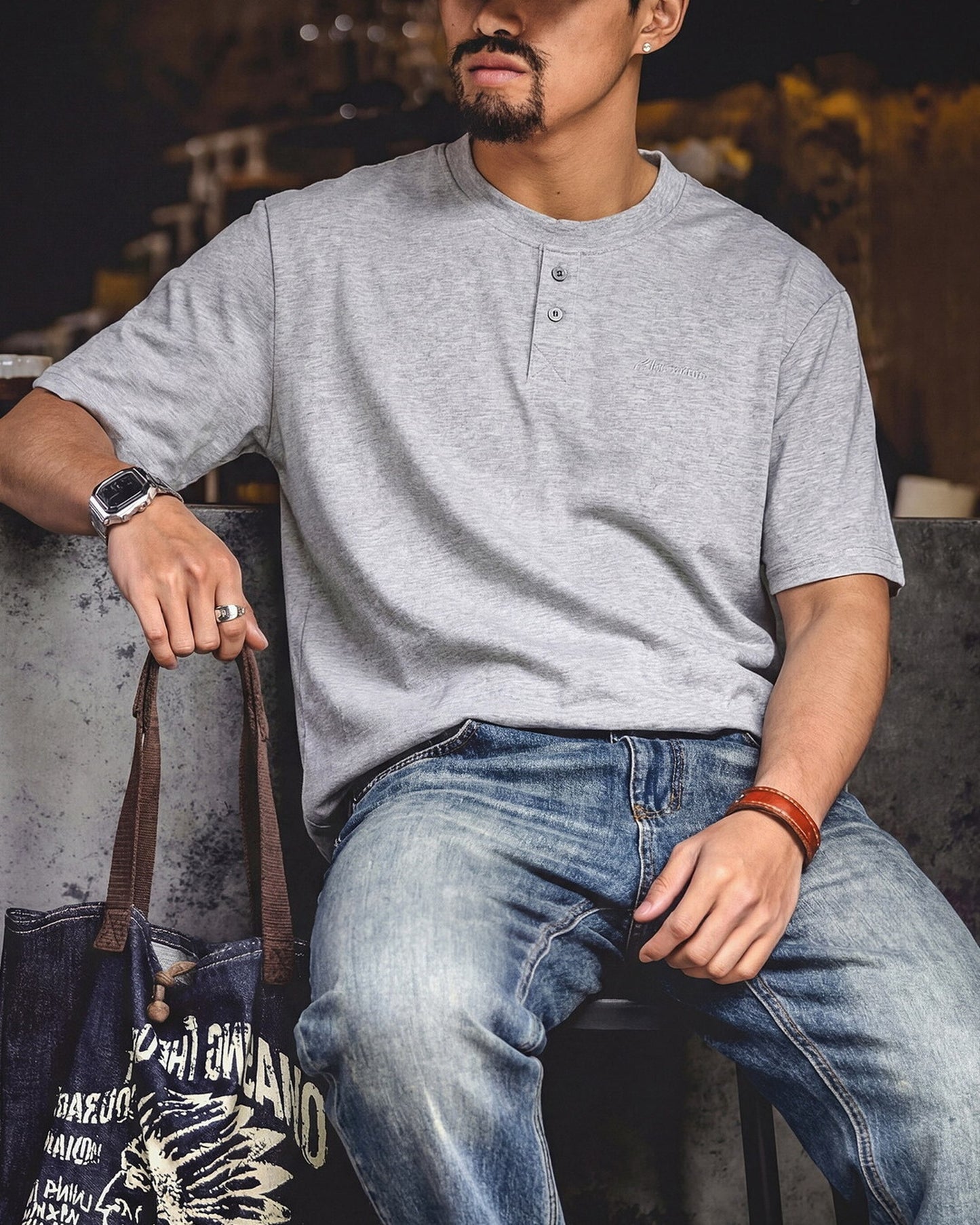 Relaxed Fit Modal Blend Henley Neck T-Shirt 2color 【ACT0115】