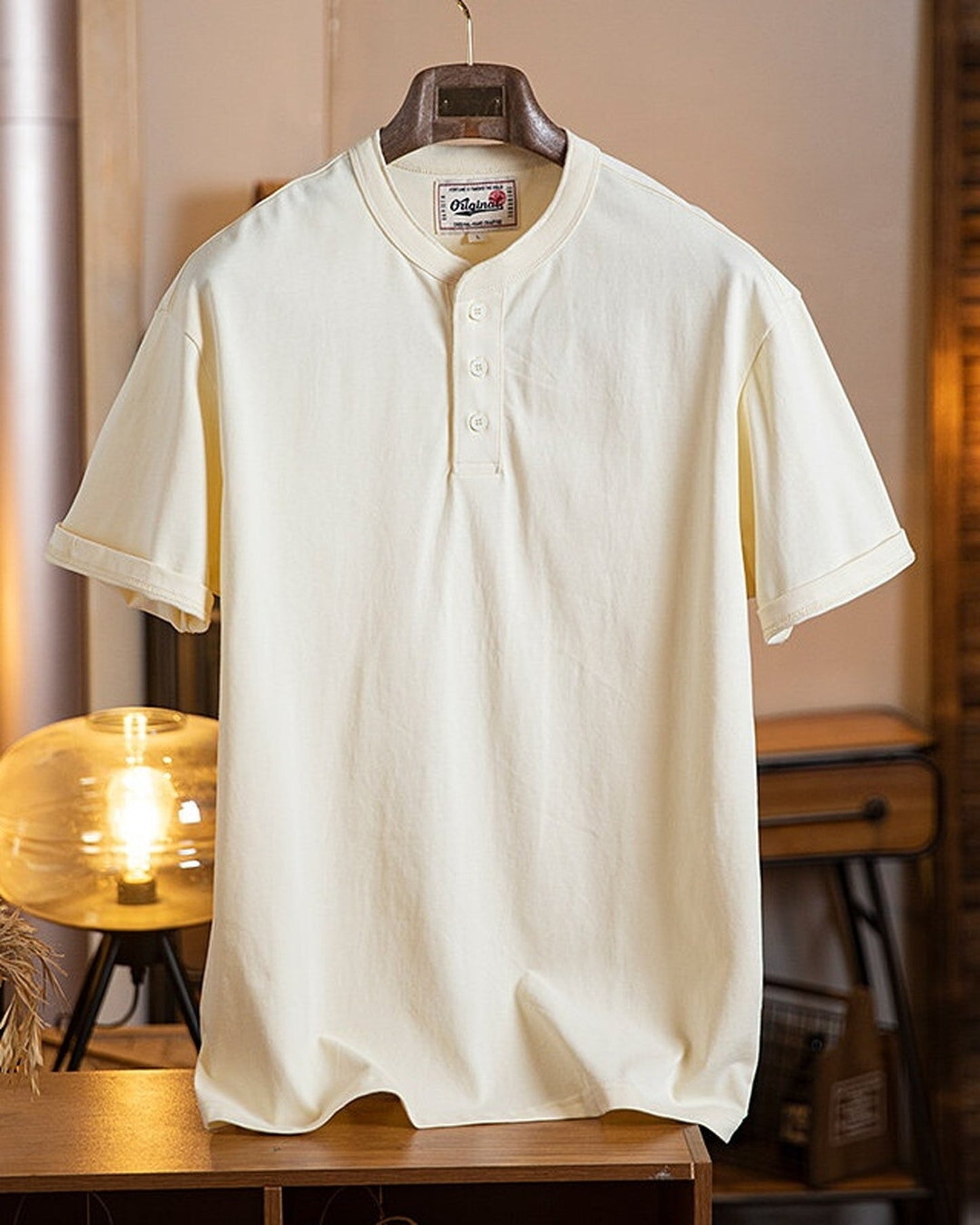 Henley-Neck Casual Loose Short-Sleeve T-Shirt 4color 【ACT0076】