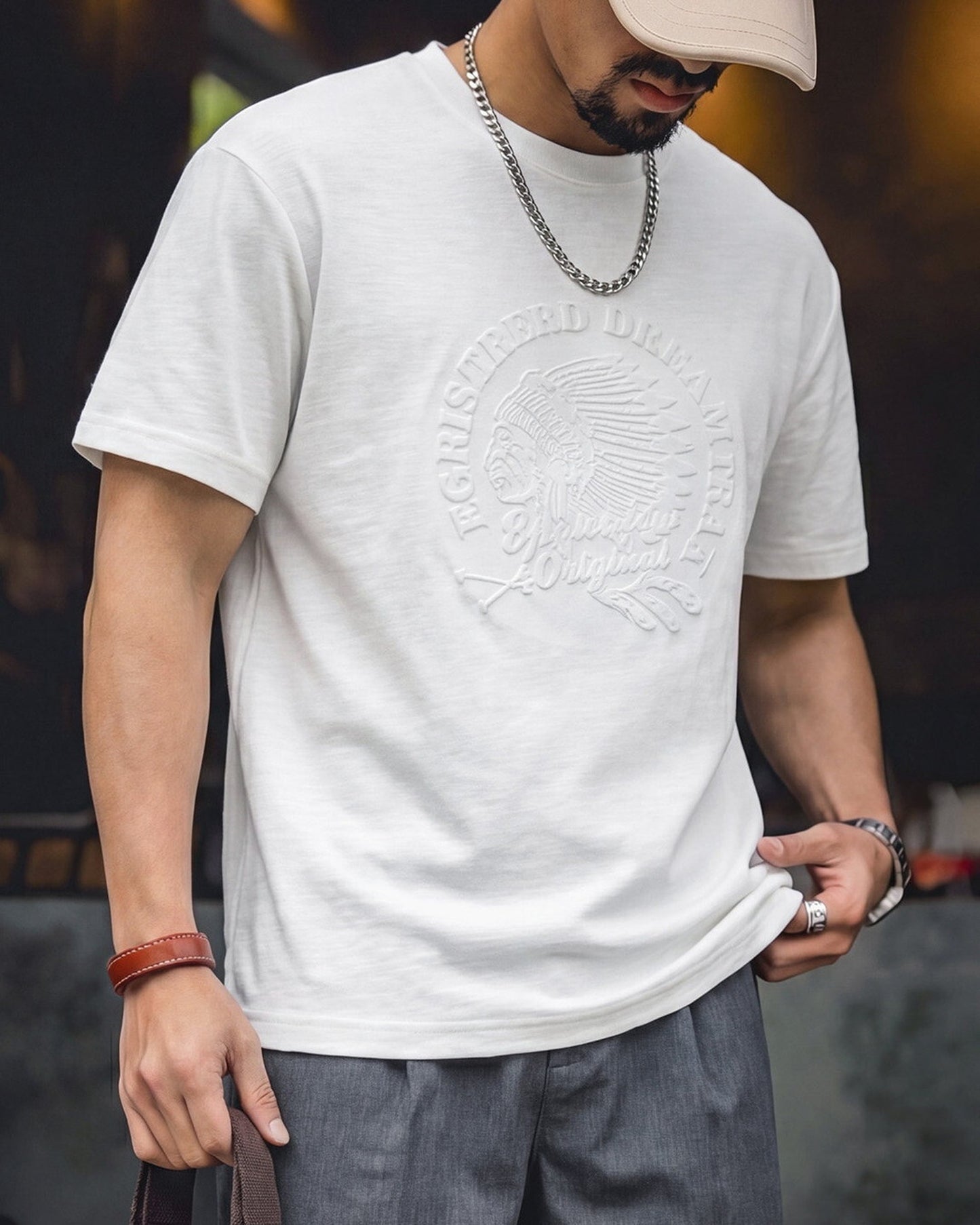 Embossed Relaxed Fit Graphic Slub Casual T-Shirt 2color 【ACT0111】