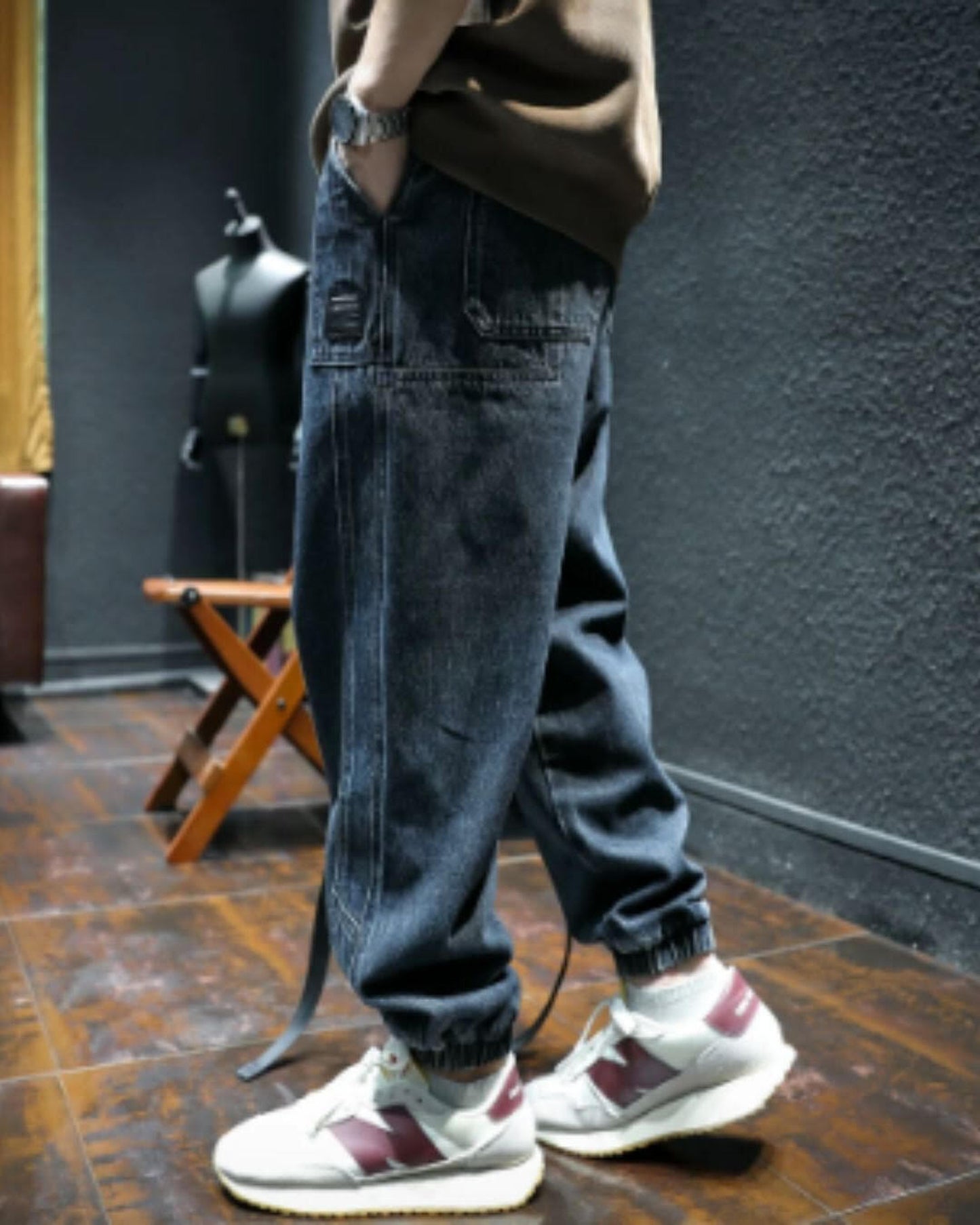 drawstring patch pocket tapered denim pants 【ACT0021】
