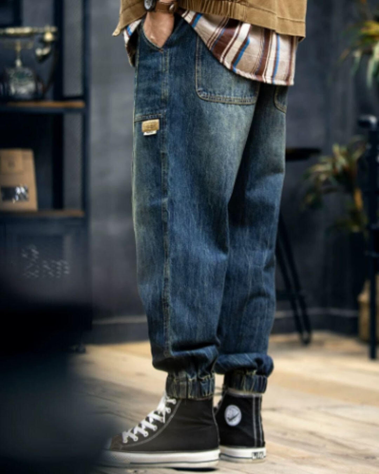 vintage-processed tapered denim pants 【ACT0007】