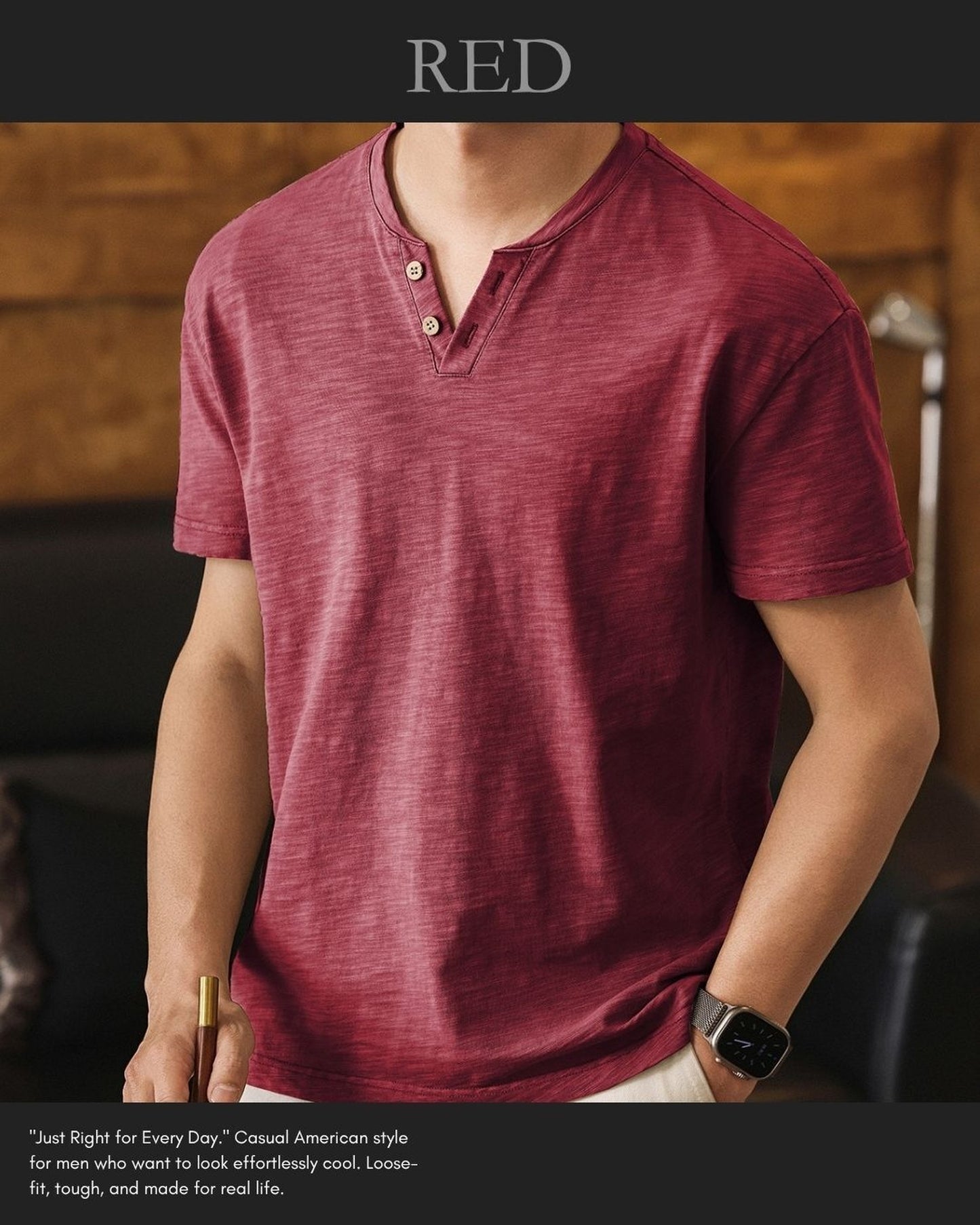 slub cotton henley neck loose short sleeve T-shirt 3color 【ACT0229】