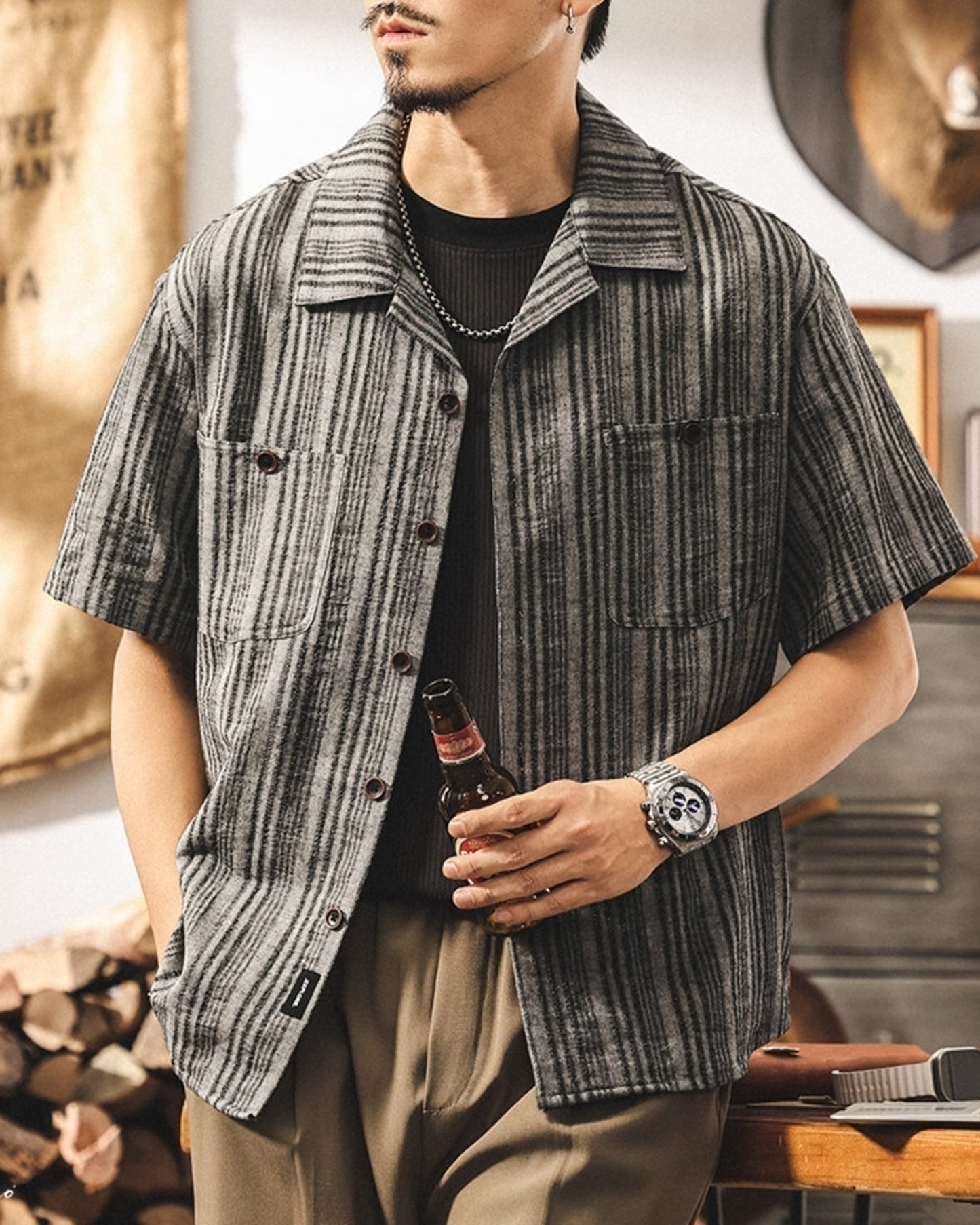 cuban collar linen loose short sleeve shirt 3color 【ACT0231】
