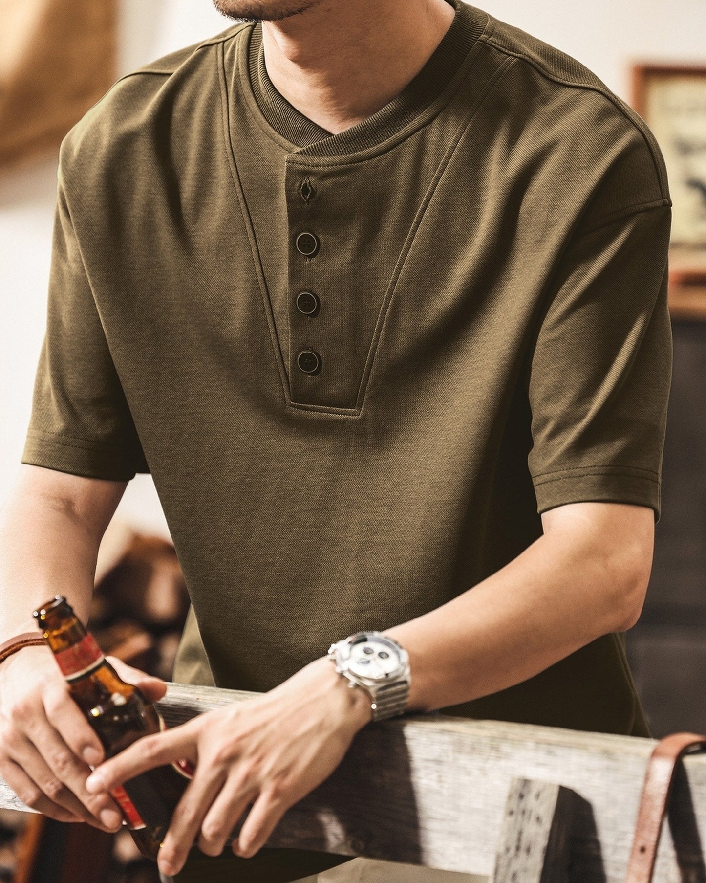 american retro henley neck short sleeve t-shirt 2color 【ACT0161】