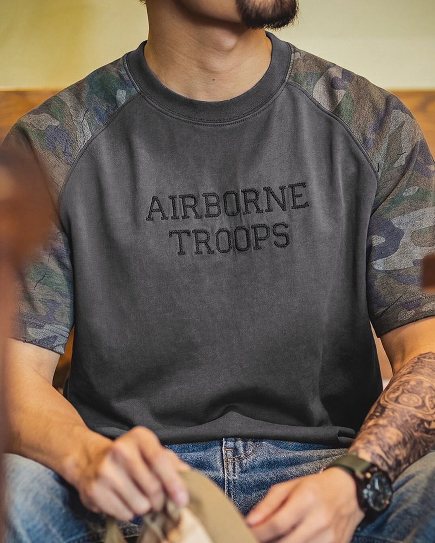 Military-Camo Raglan-Sleeve Loose Casual Short-Sleeve T-Shirt 2color 【ACT0127】