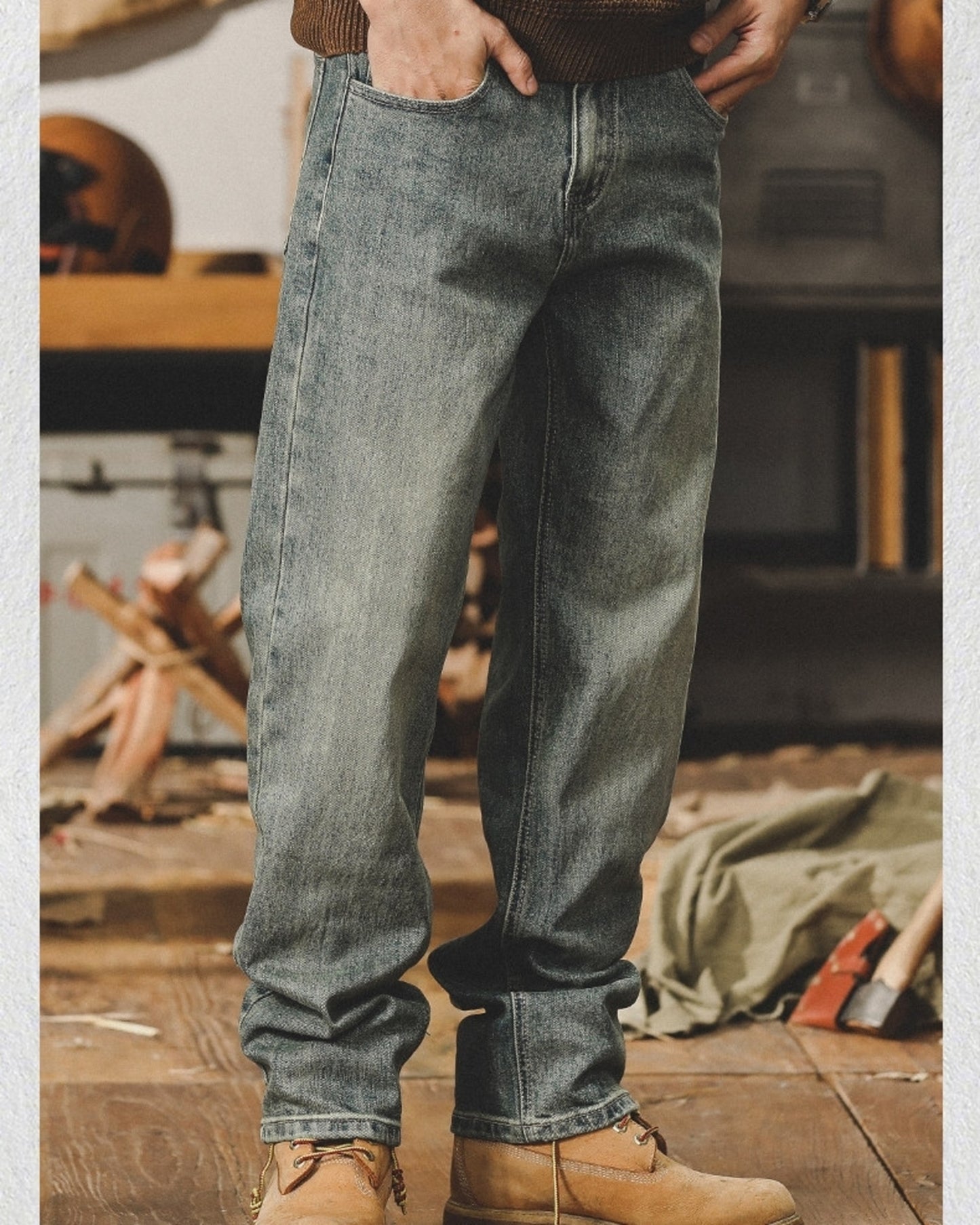 vintage heavy weight loose straight denim pants 2color 【ACT0224】