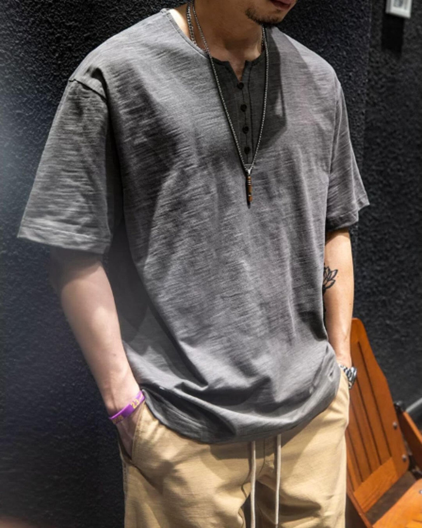 button front v-neck t-shirt 4color 【ACT0034】