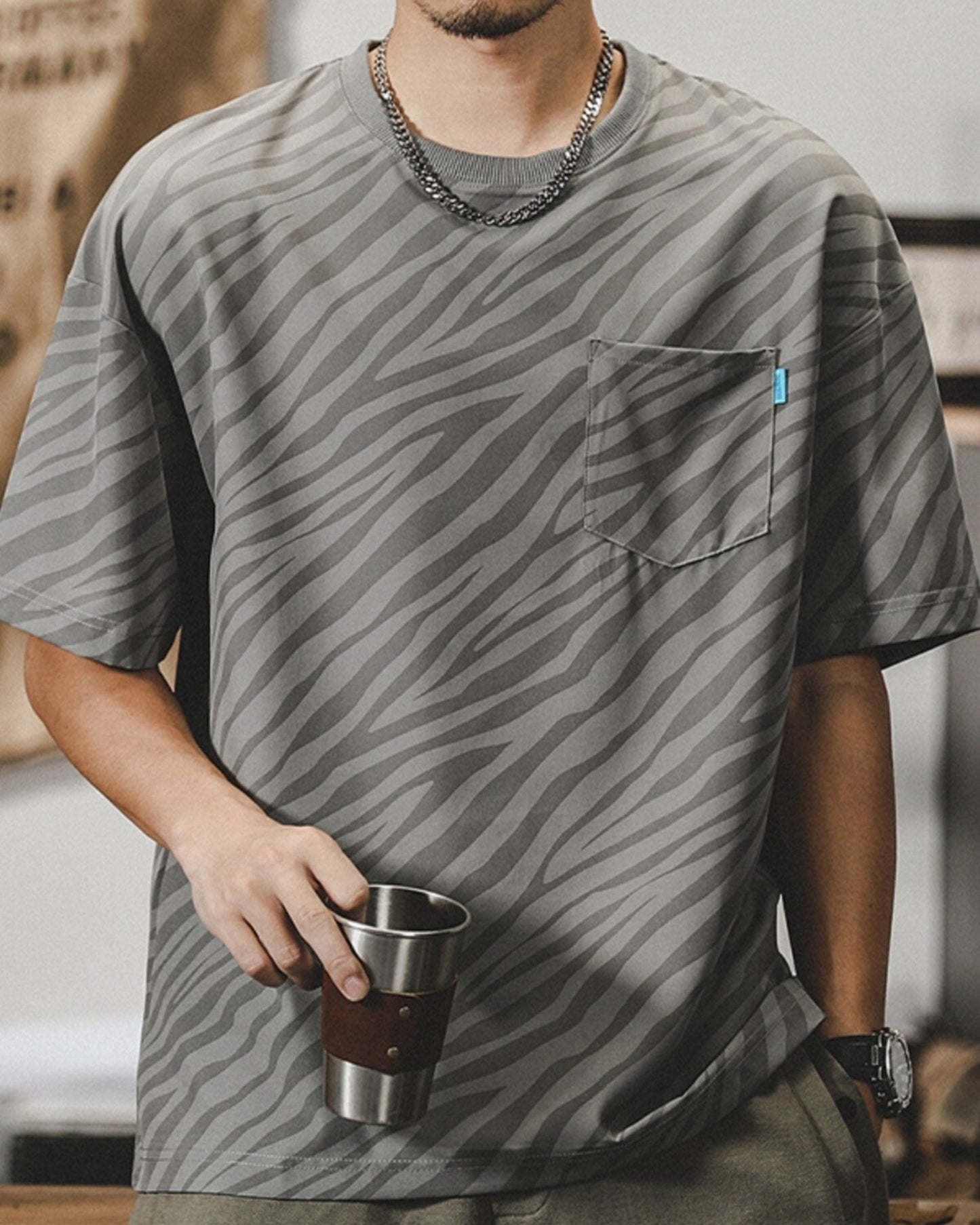 zebra striped pocket short sleeve t-shirt 3color 【ACT0165】