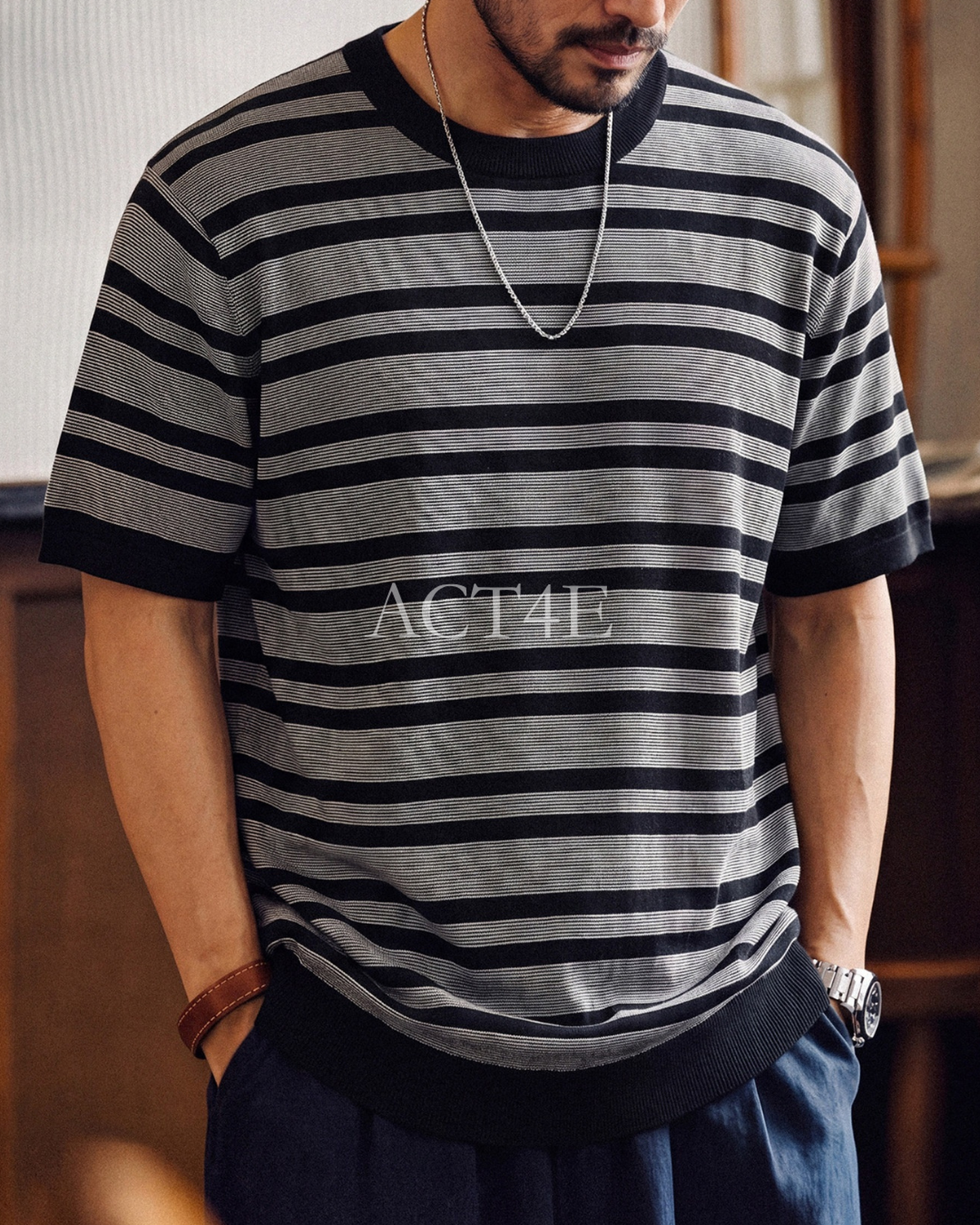 Striped Relaxed Fit Knit Short Sleeve Polo Shirt 2color 【ACT0117】
