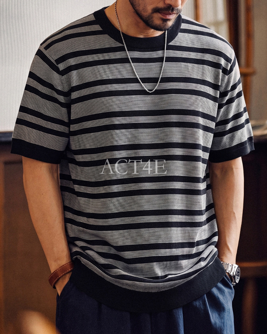 Striped Relaxed Fit Knit Short Sleeve Polo Shirt 2color 【ACT0117】