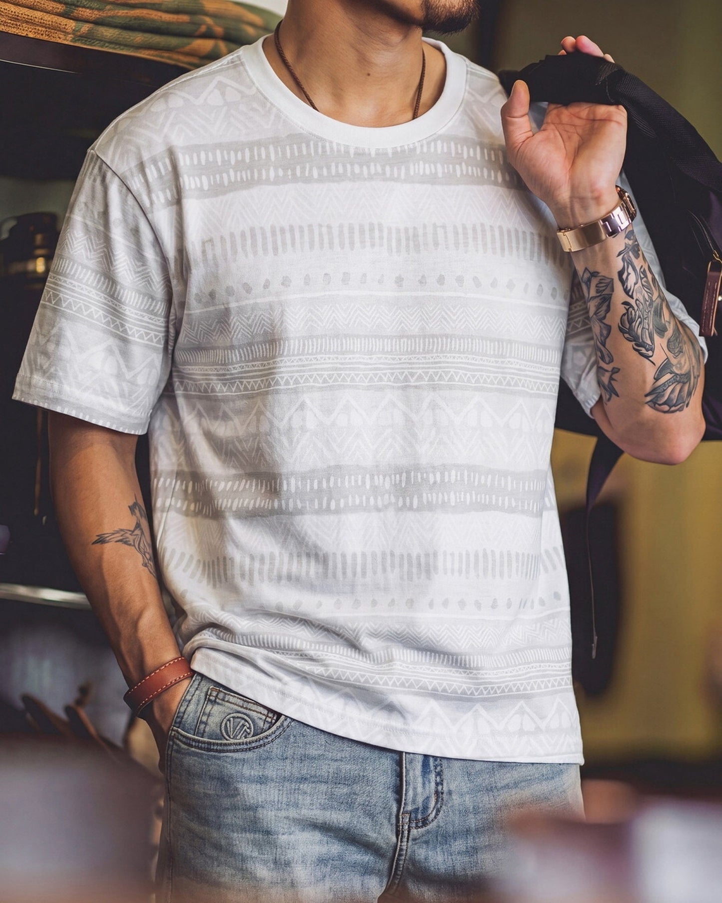 Native-Pattern Vintage Geometric Relaxed T-Shirt 2color 【ACT0103】