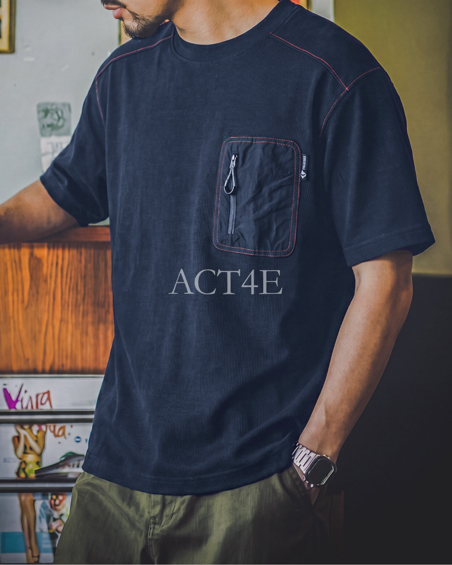 Vintage Zip-Pocket Contrast-Stitch Relaxed T-Shirt 【ACT0093】