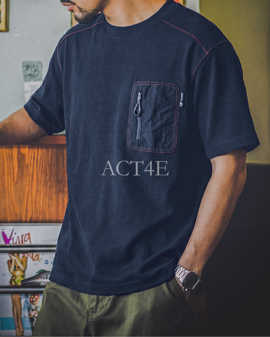 Vintage Zip-Pocket Contrast-Stitch Relaxed T-Shirt 【ACT0093】