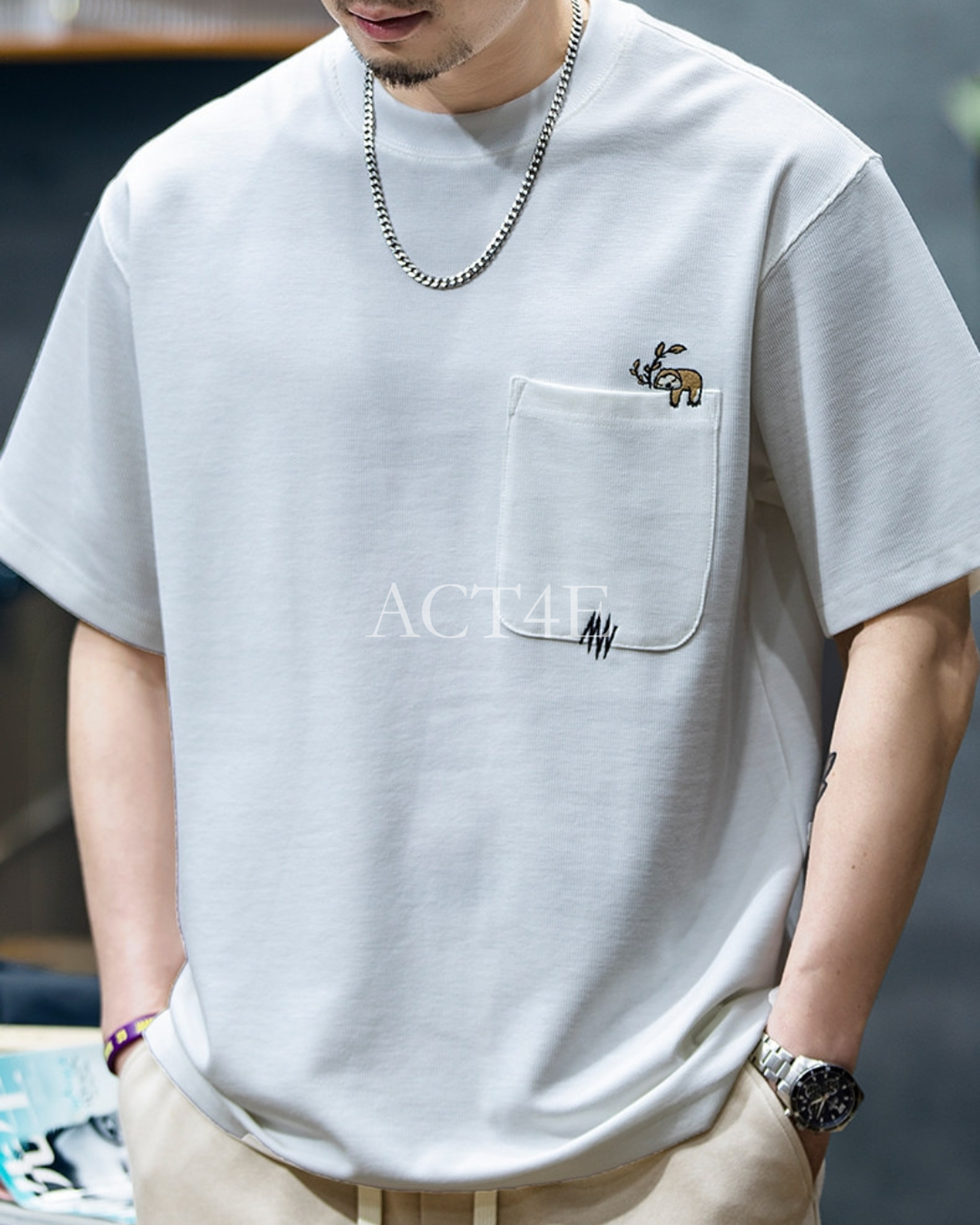 sloth embroidered pocket short sleeve t-shirt 2color 【ACT0159】
