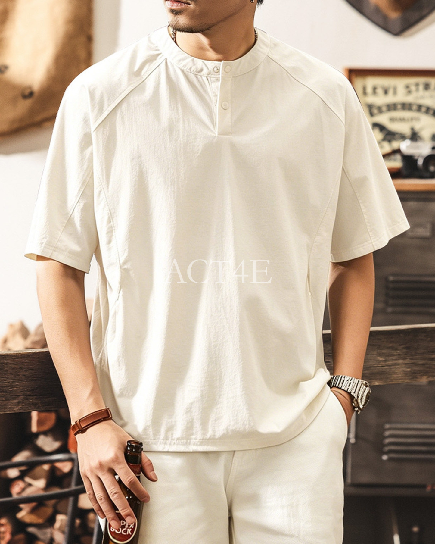 functional henley neck short sleeve t-shirt 2color 【ACT0162】