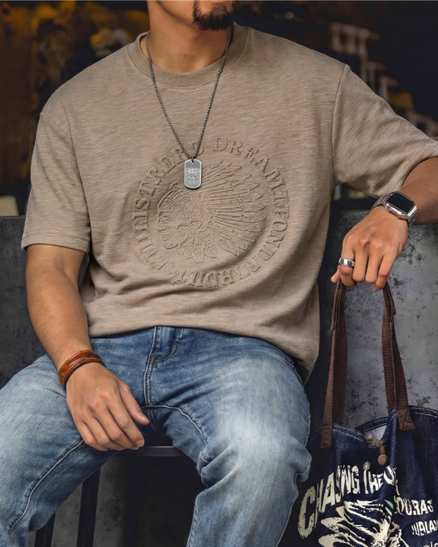 Embossed Relaxed Fit Graphic Slub Casual T-Shirt 2color 【ACT0111】