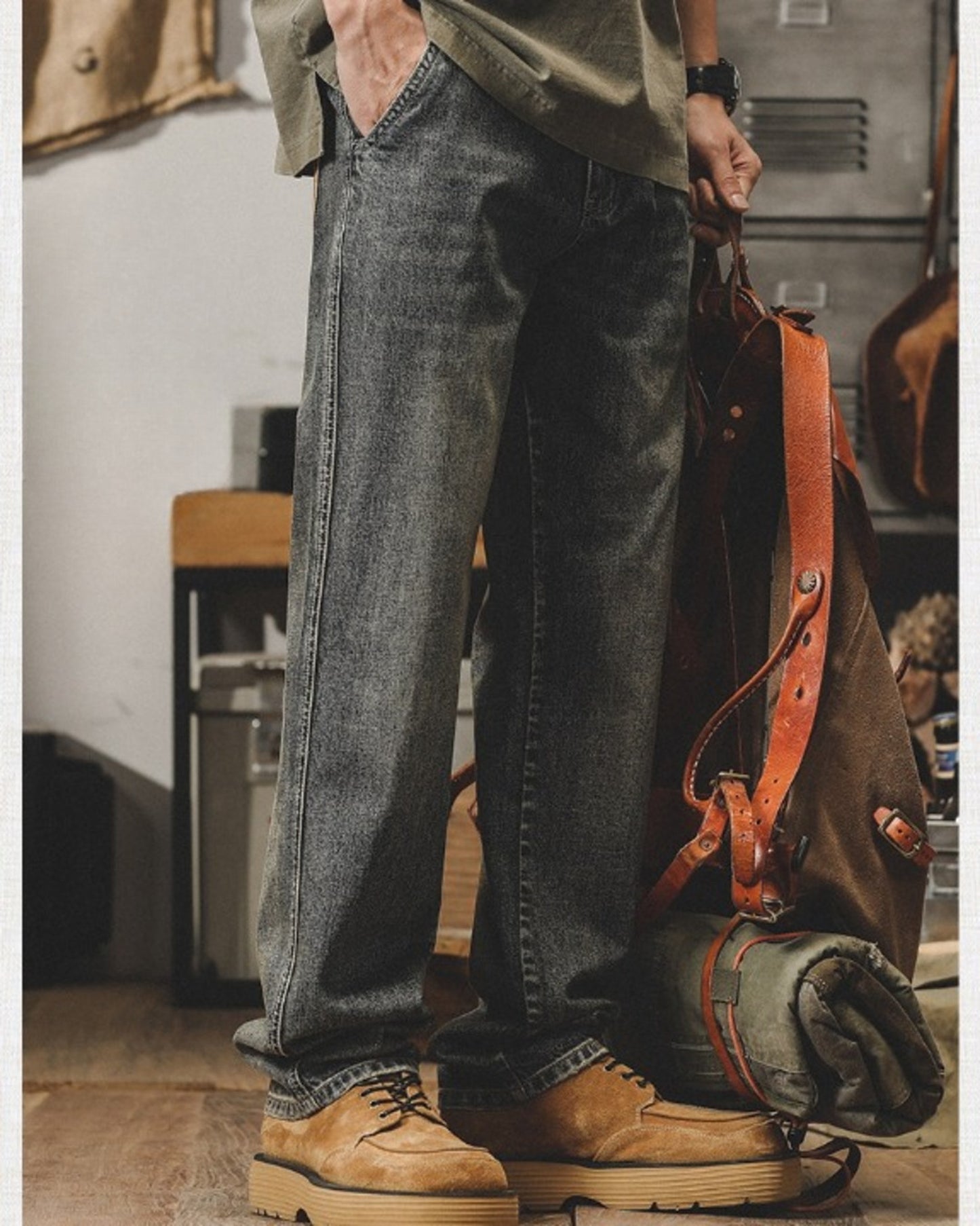 loose straight mud wash denim pants 【ACT0186】