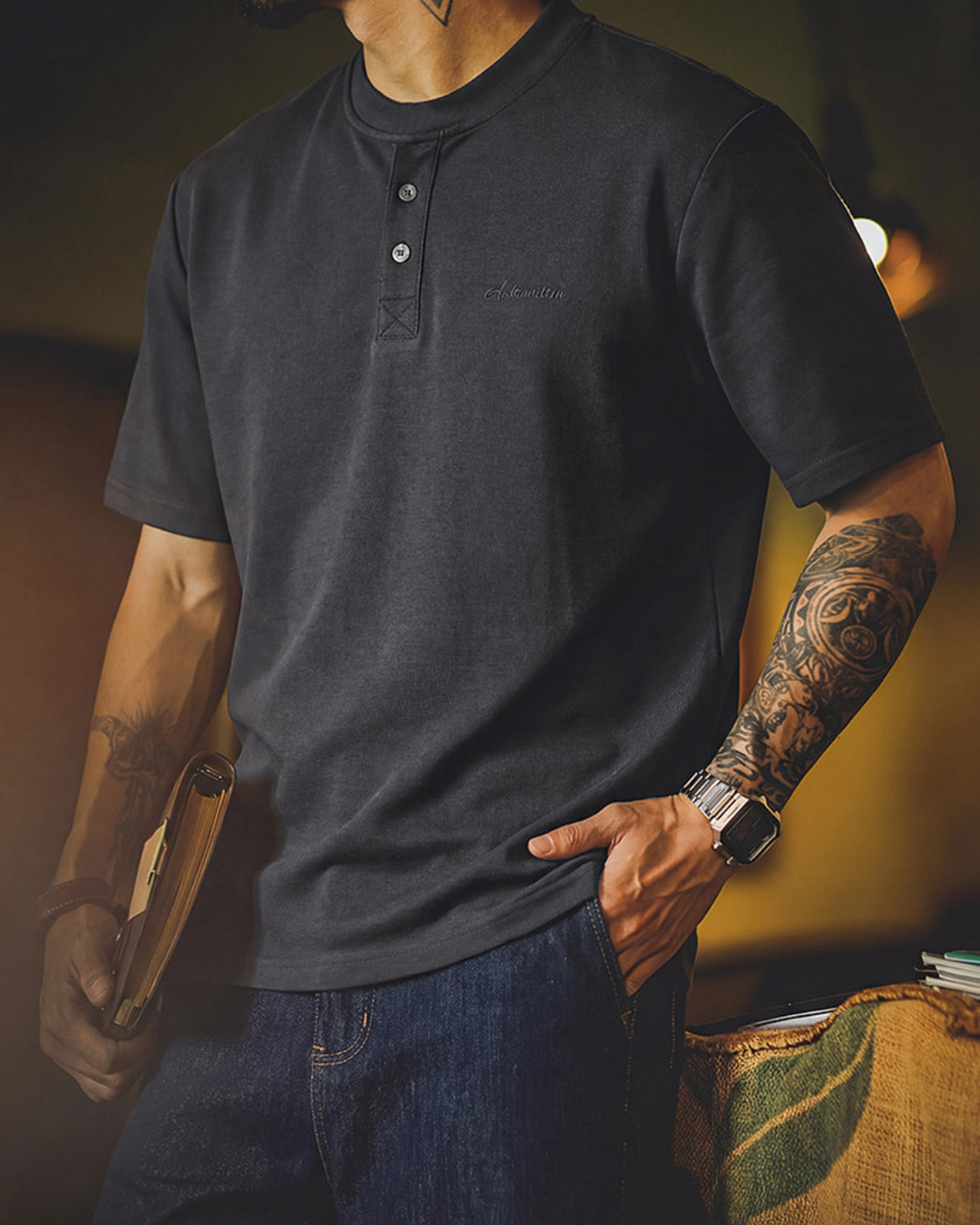 Button henley neck t-shirt 2color 【ACT0055】