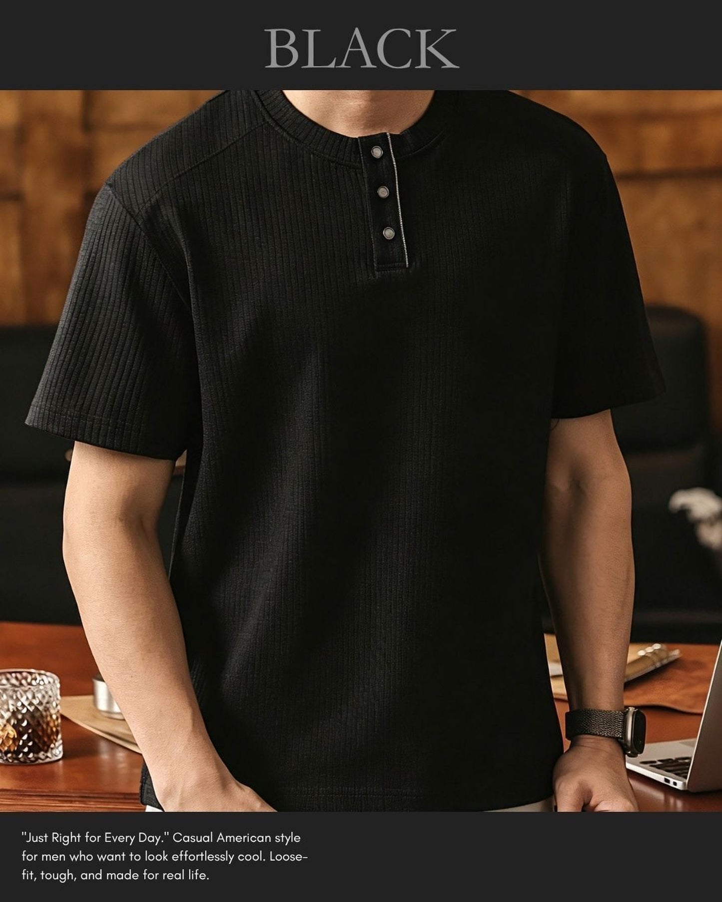 henley neck short sleeve T-shirt 4color 【ACT0235】