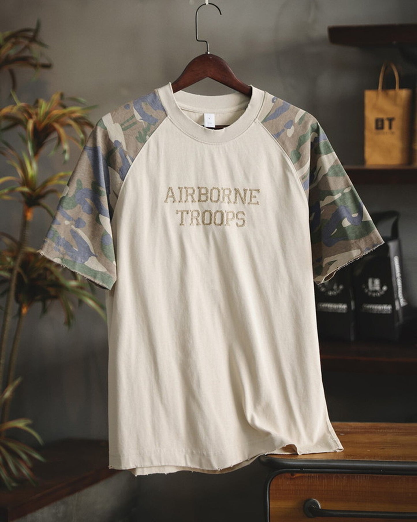 Military-Camo Raglan-Sleeve Loose Casual Short-Sleeve T-Shirt 2color 【ACT0127】