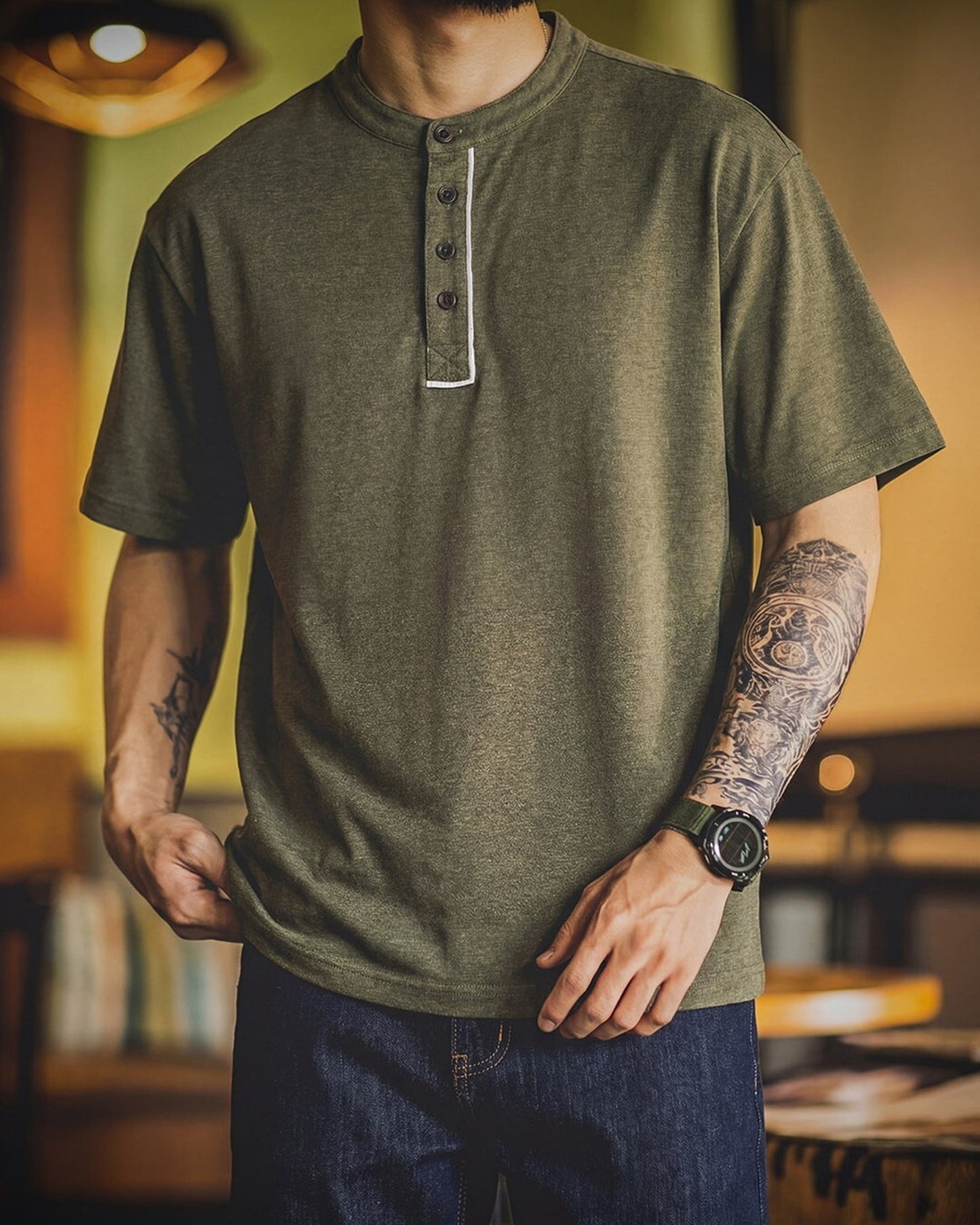 Linen-Blend Piping Relaxed Henley Neck T-Shirt 【ACT0113】