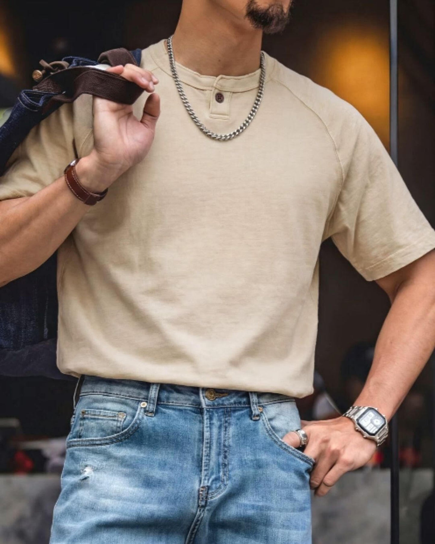 button fastening henley neck t-shirt 2color 【ACT0038】