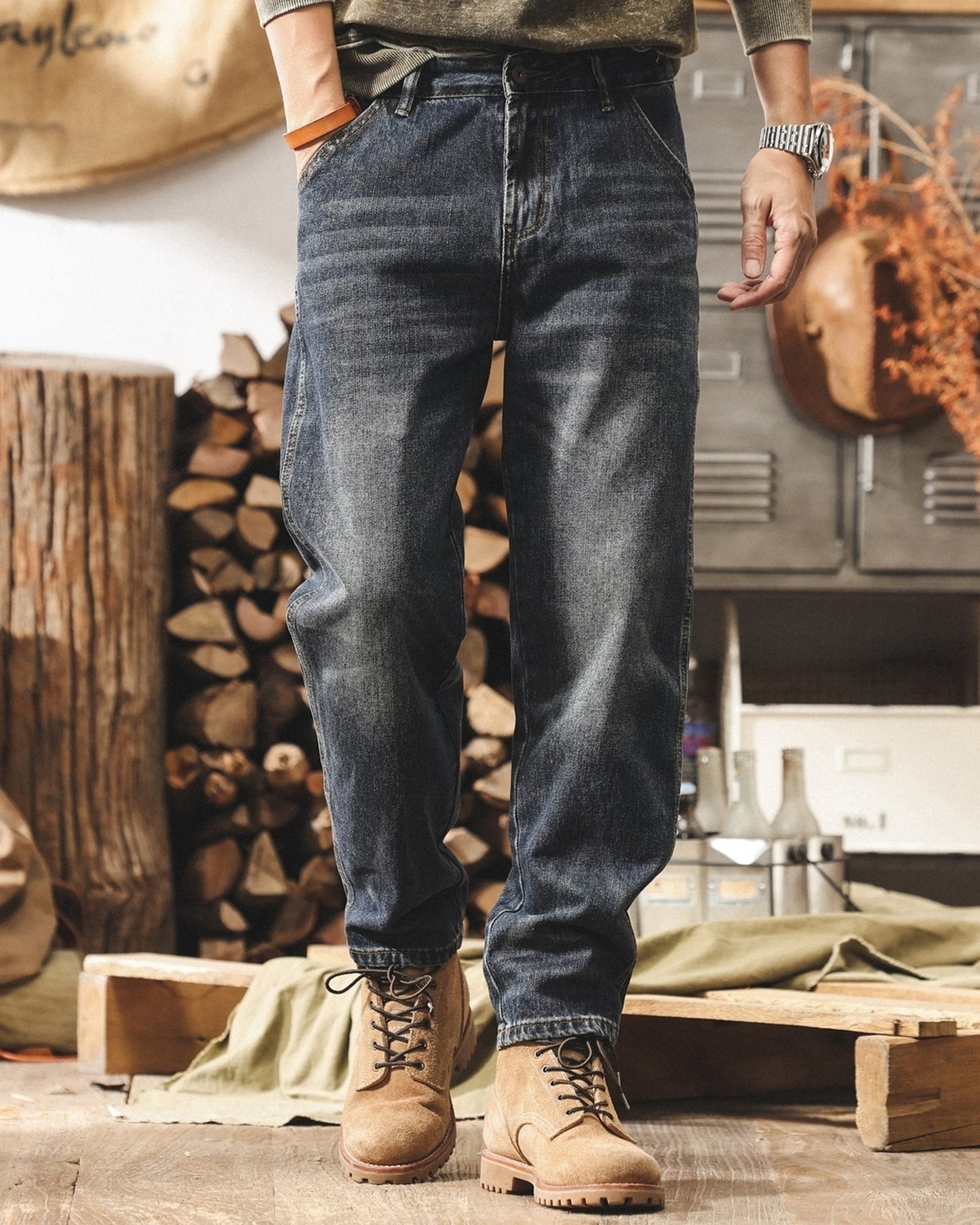 vintage washed loose tapered denim pants 【ACT0208】