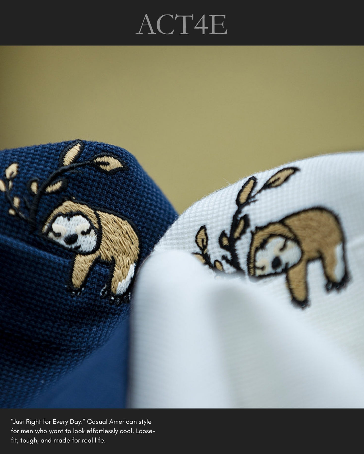 sloth embroidered pocket short sleeve t-shirt 2color 【ACT0159】