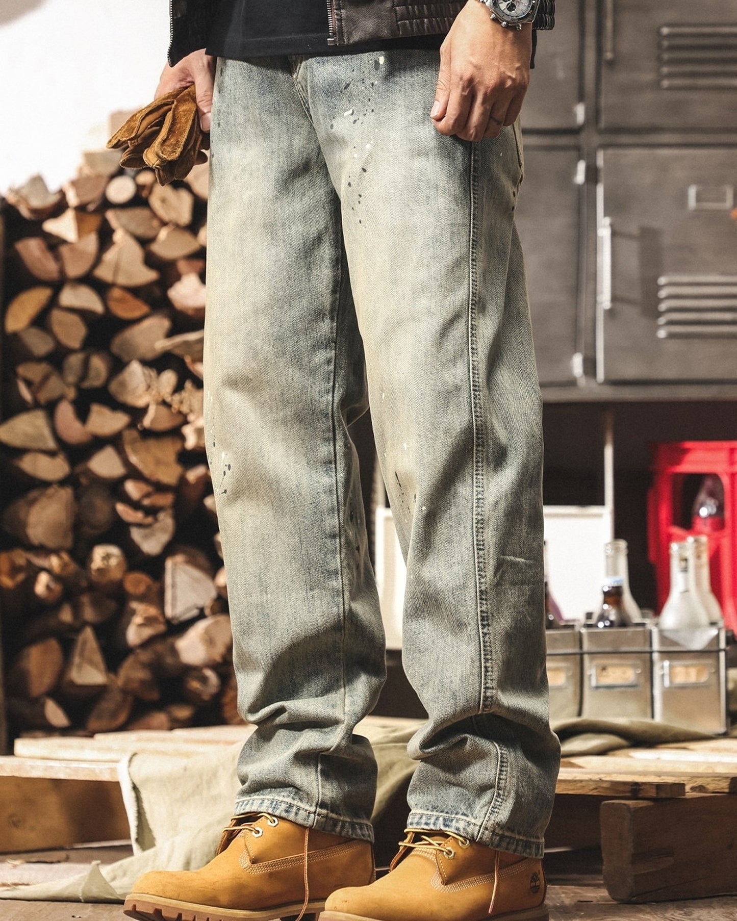 vintage wash splash loose straight denim pants 【ACT0225】