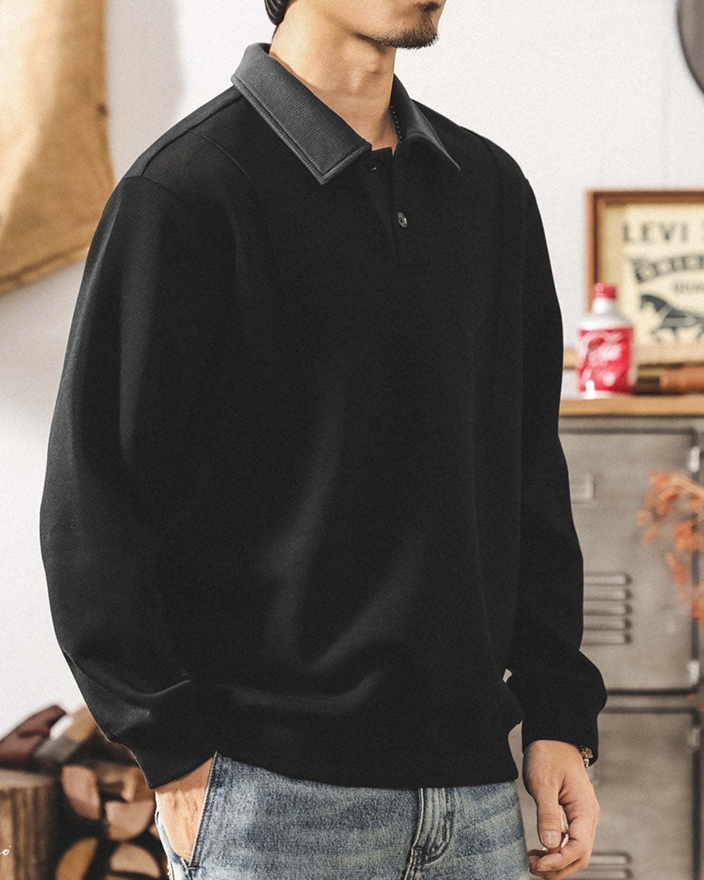 heavy weight long sleeve POLO shirt 2color 【ACT0239】