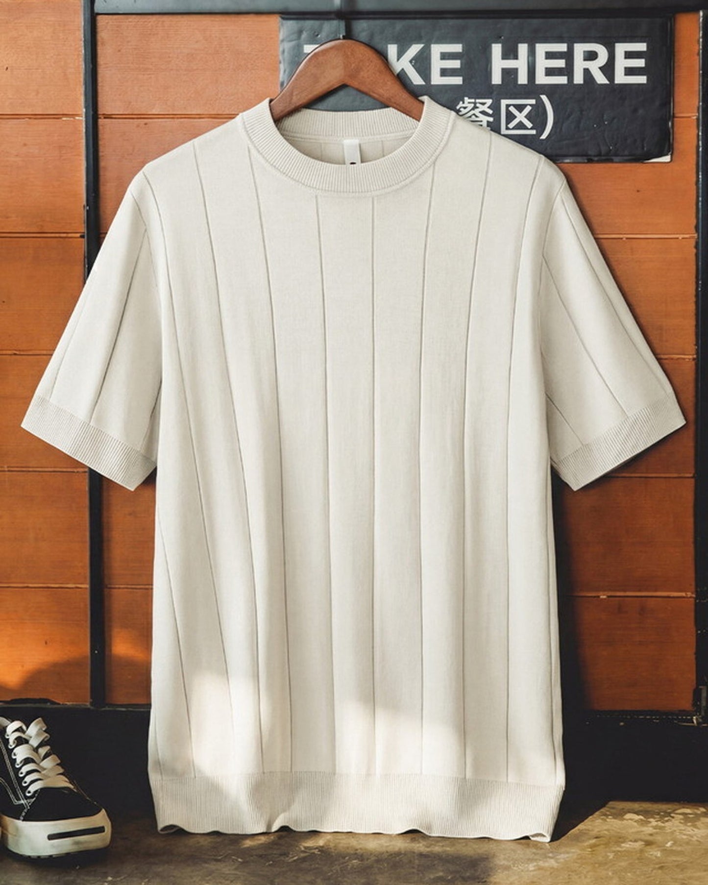 Smart-Casual Vertical-Stripe Knit Relaxed T-Shirt 4color 【ACT0101】