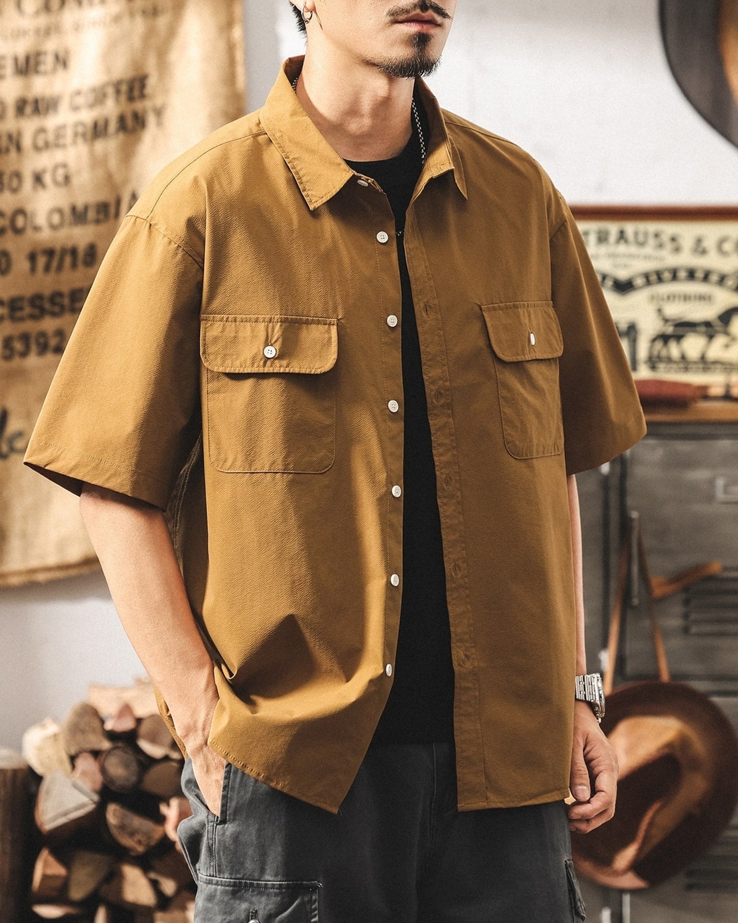 cargo pocket loose short sleeve shirt 3color 【ACT0233】