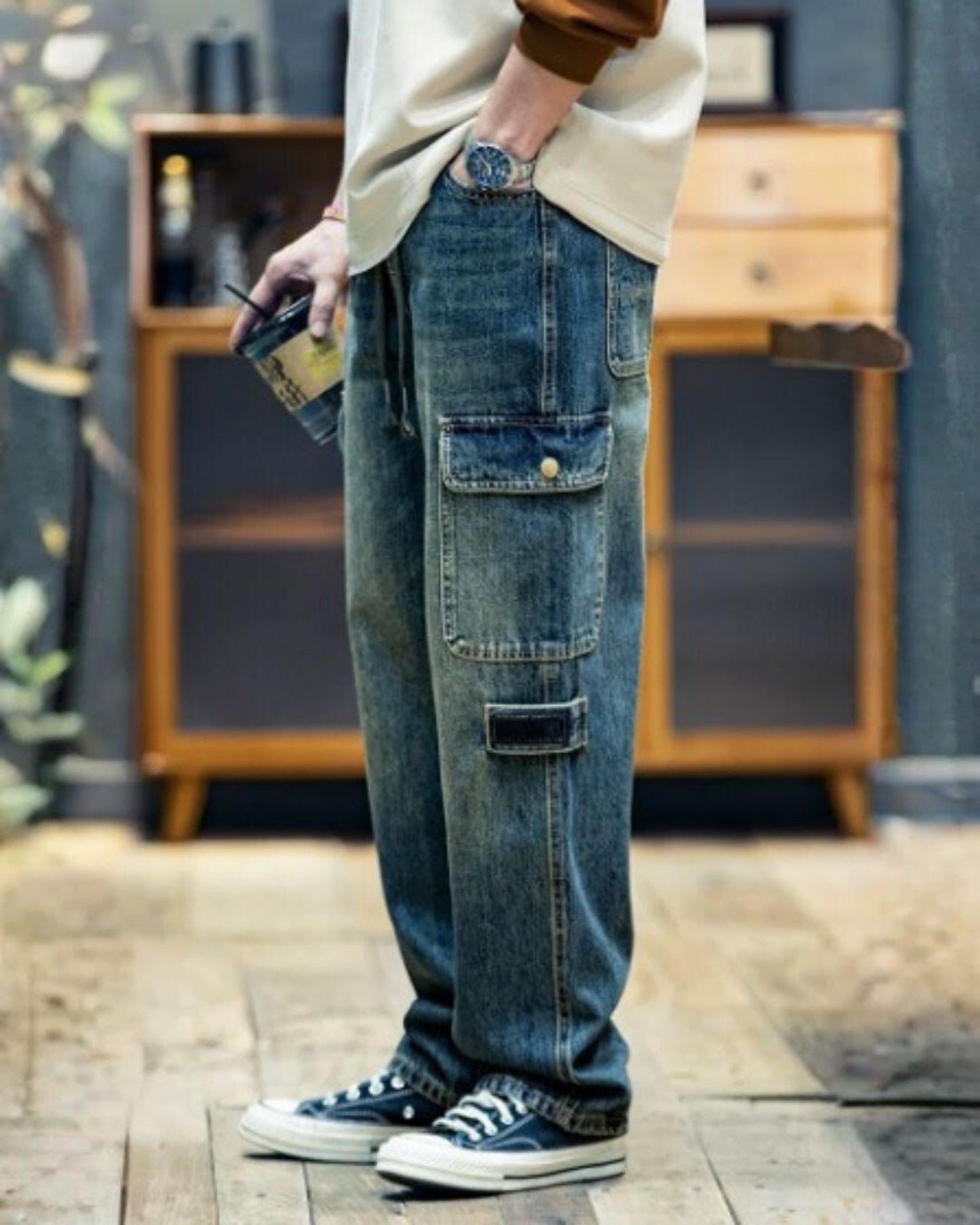 drawcord patch pocket wide denim pants 【ACT0024】