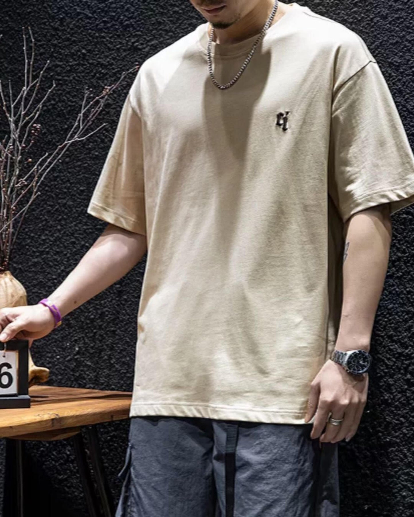 embroidered logo oversized t-shirt 4color 【ACT0028】
