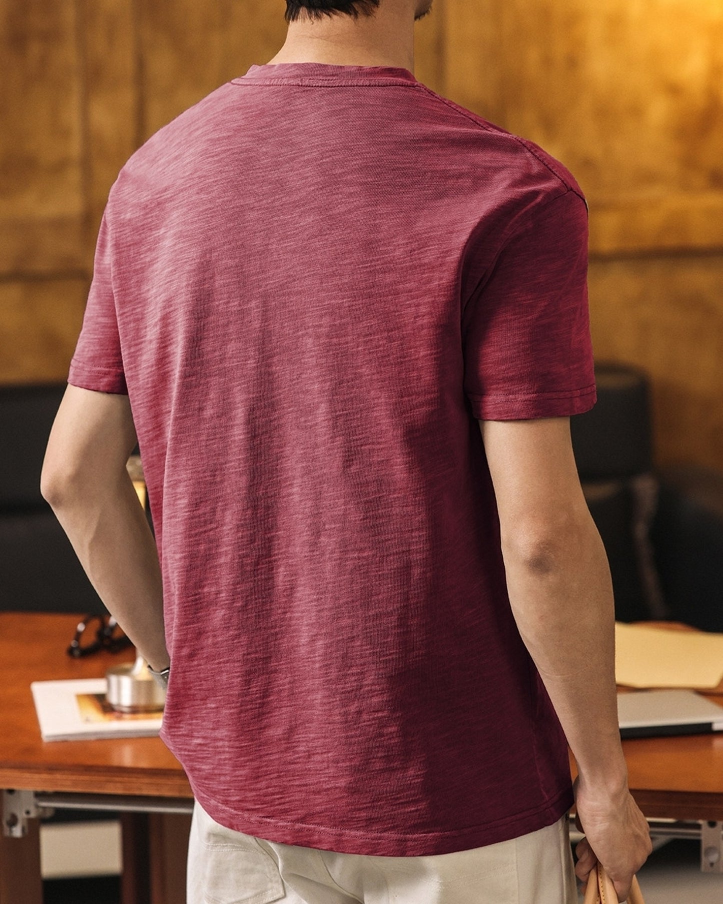 slub cotton henley neck loose short sleeve T-shirt 3color 【ACT0229】