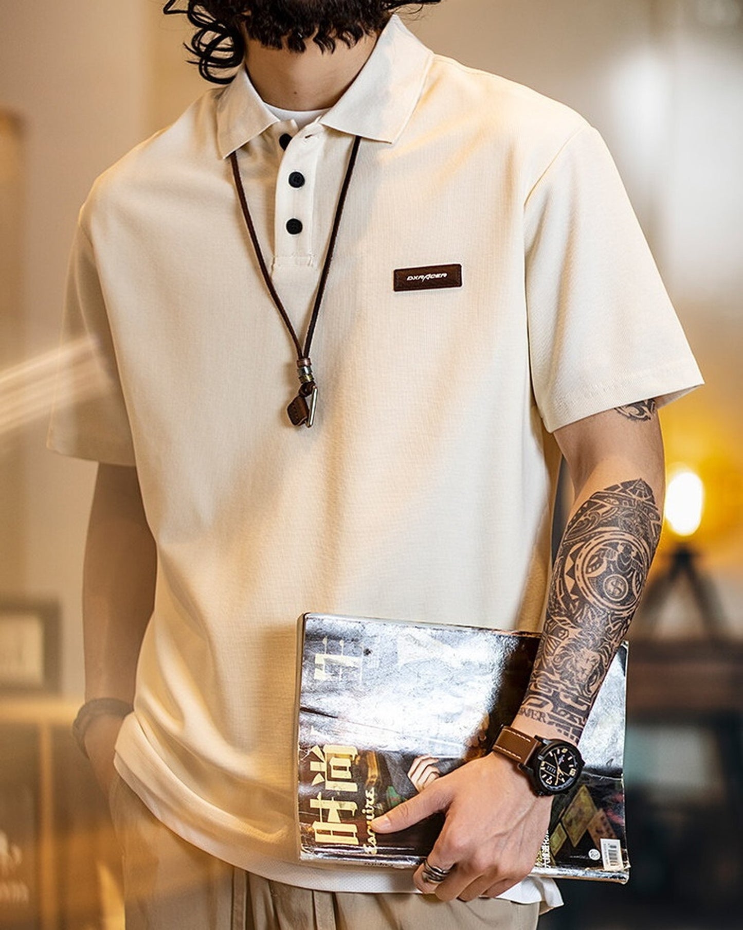 Patch Polo Loose Short -Sleeve Casual T-Shirt 2color 【ACT0075】