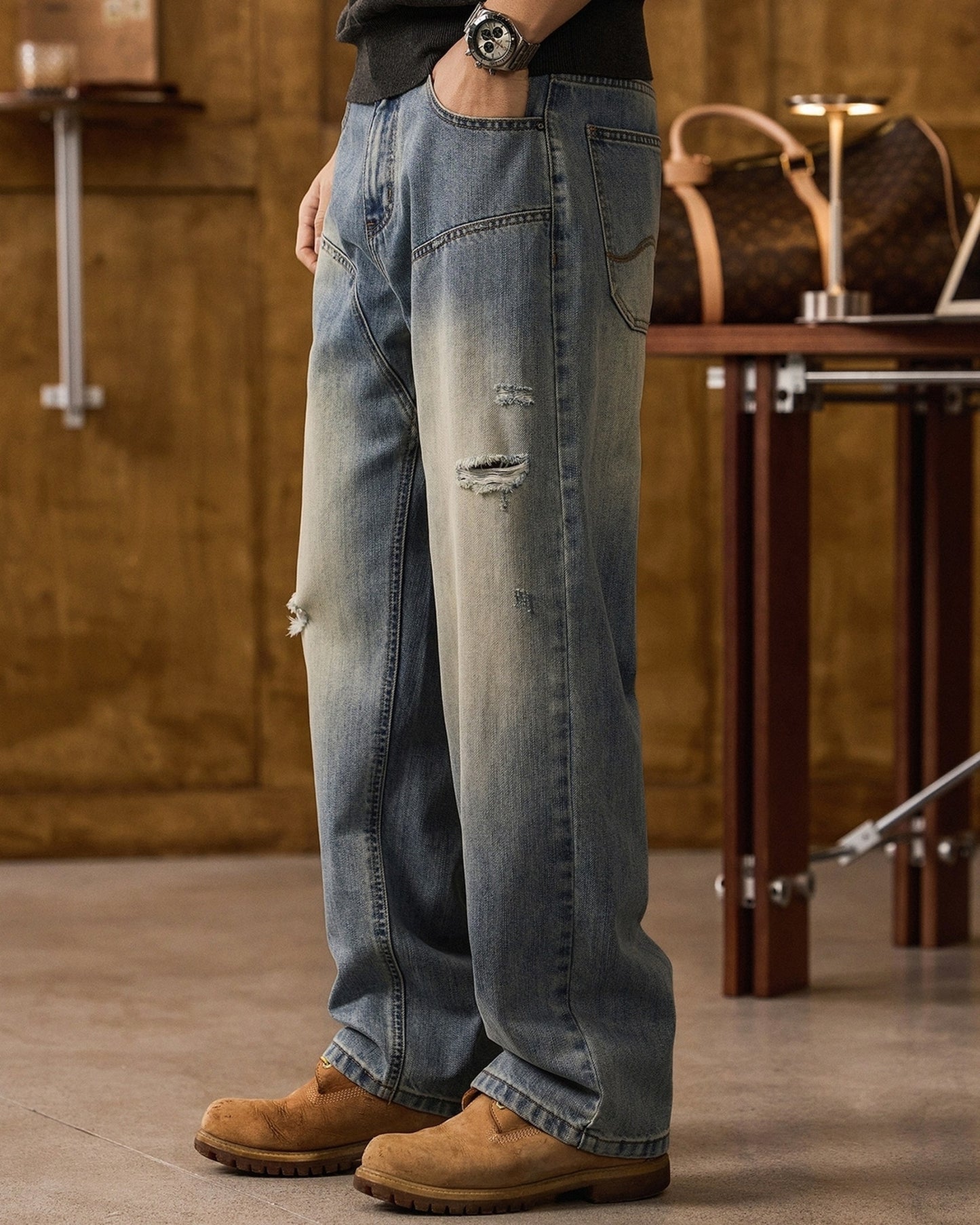 loose straight distressed denim pants 【ACT0187】