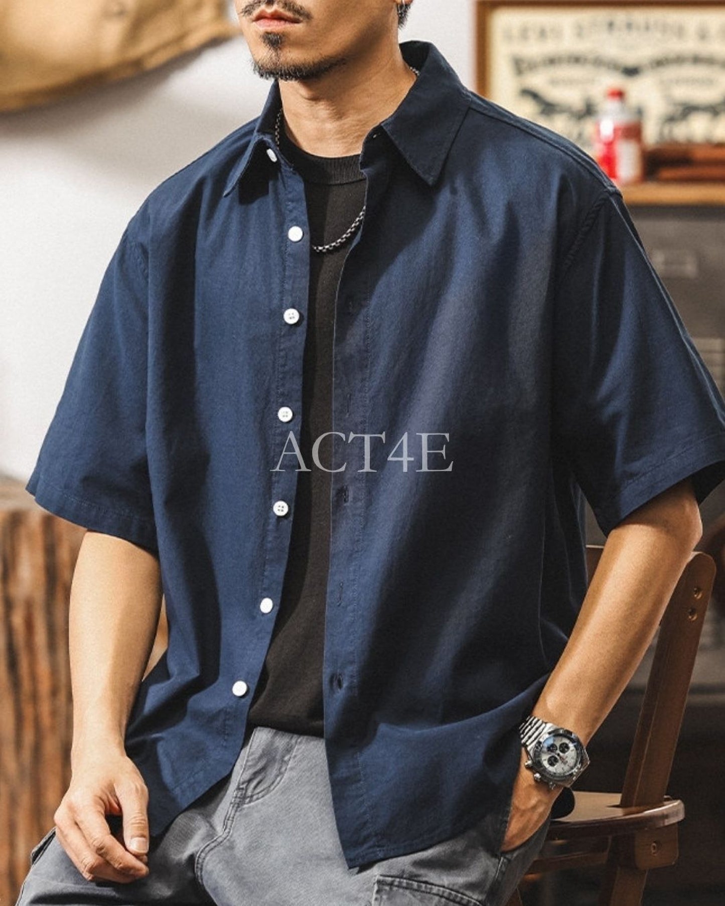 vintage casual short sleeve shirt 3color 【ACT0242】