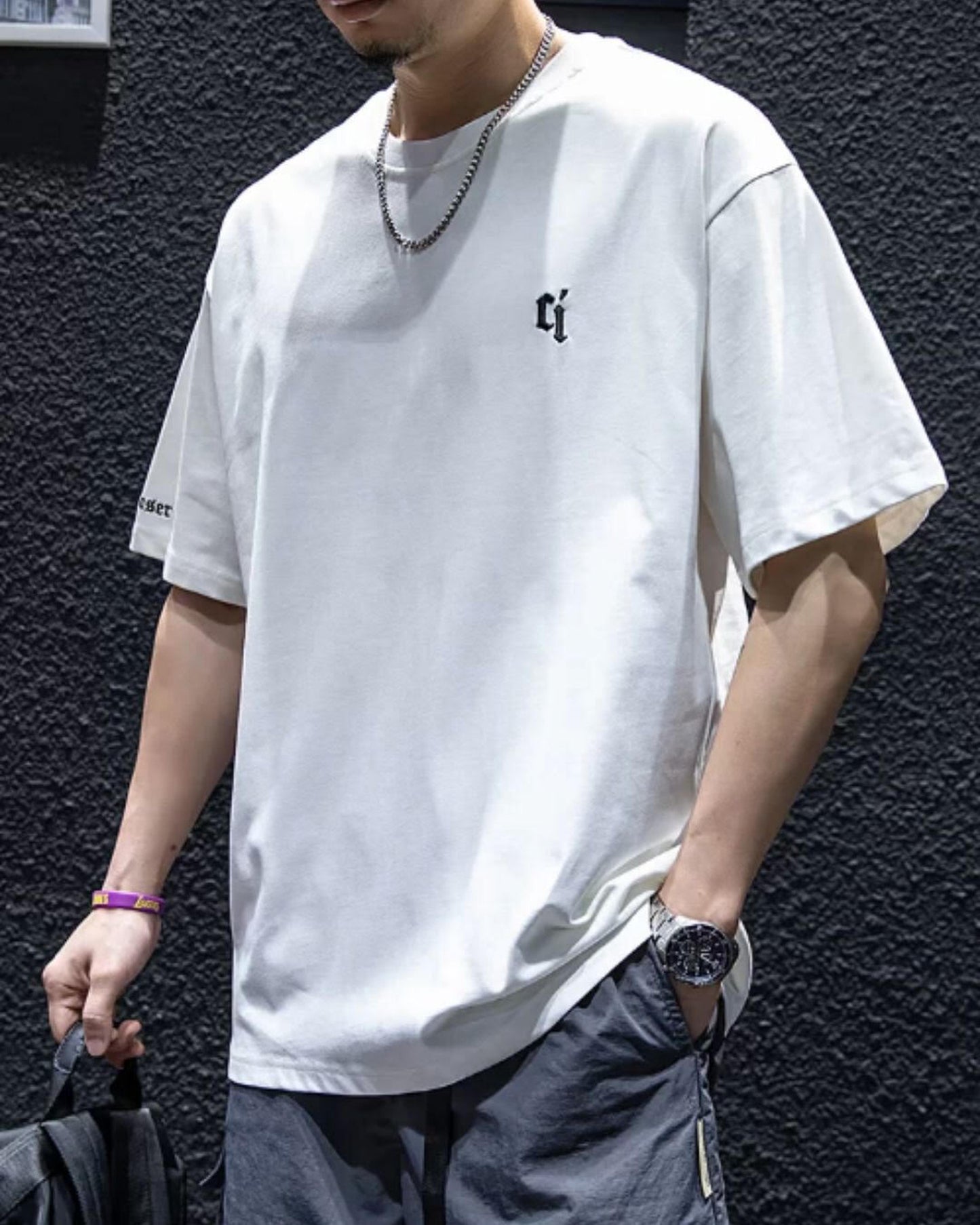 embroidered logo oversized t-shirt 4color 【ACT0028】