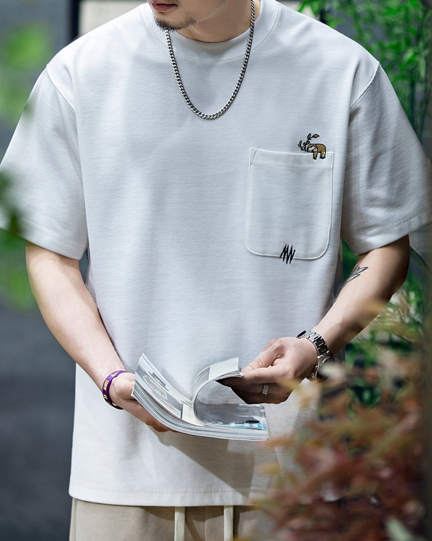 sloth embroidered pocket short sleeve t-shirt 2color 【ACT0159】