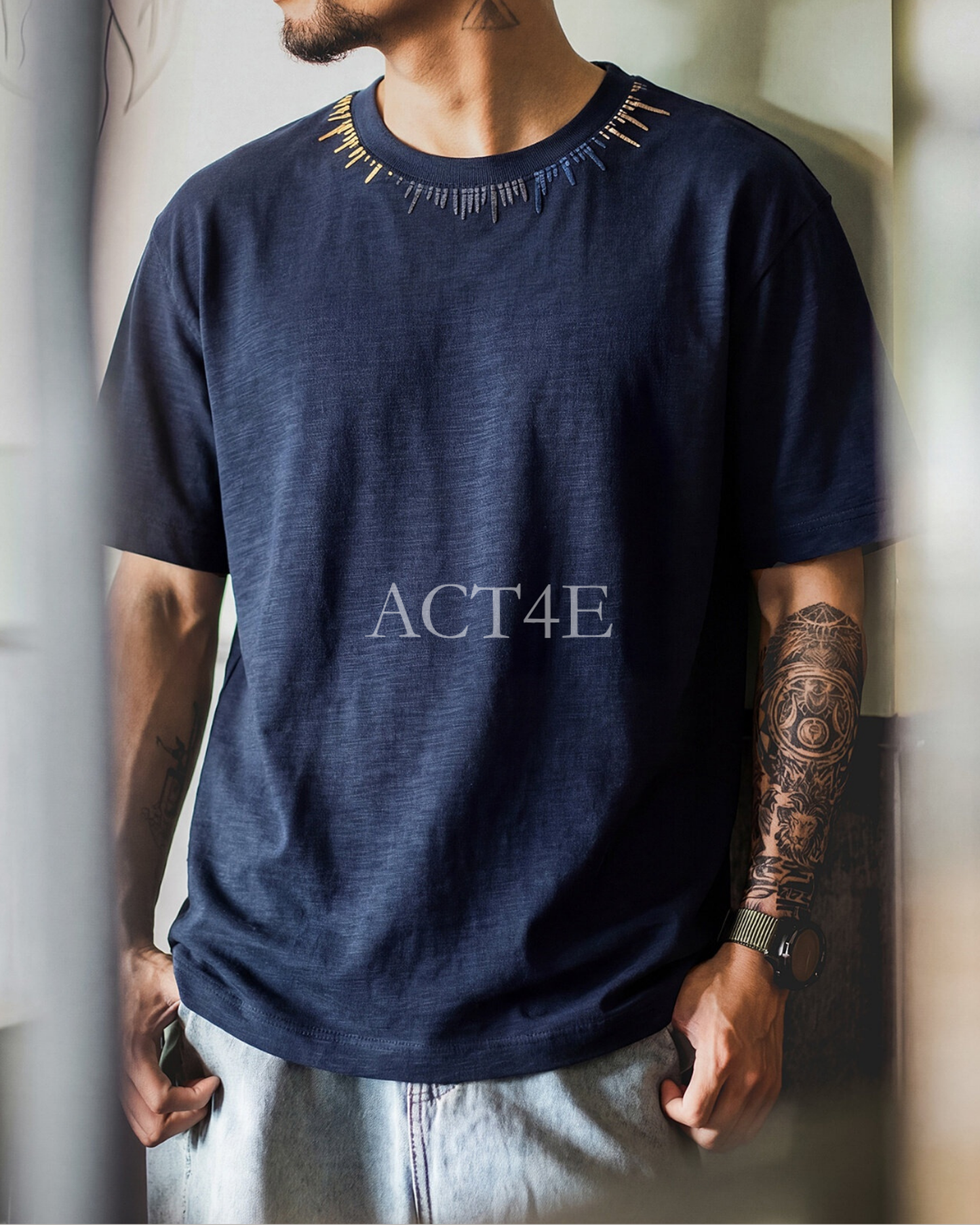Neckline-Embroidery Casual Loose T-Shirt 2color 【ACT0084】