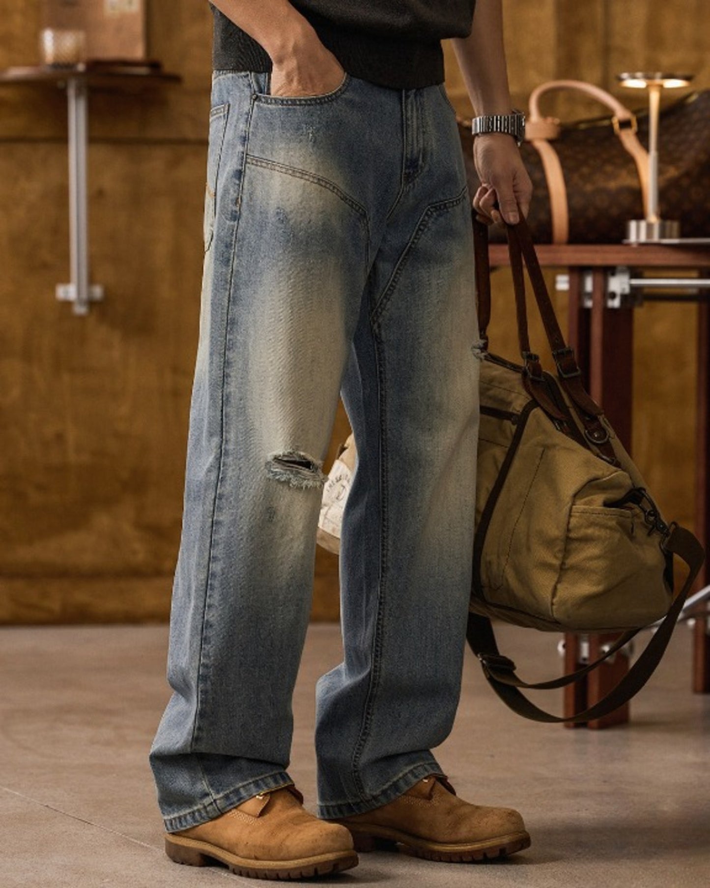 loose straight distressed denim pants 【ACT0187】